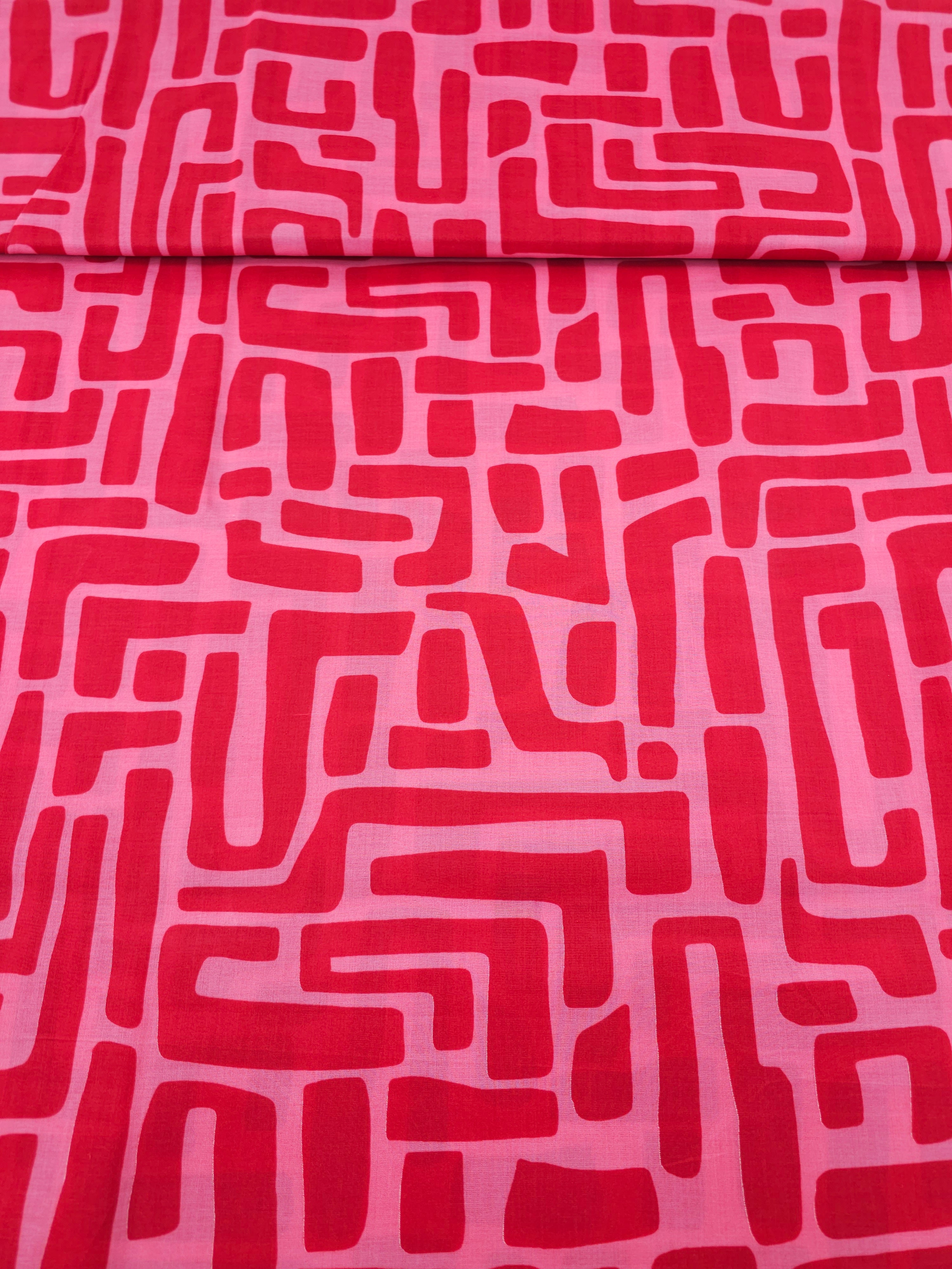 Red/Pink Abstract Maze Coated Cotton 60"