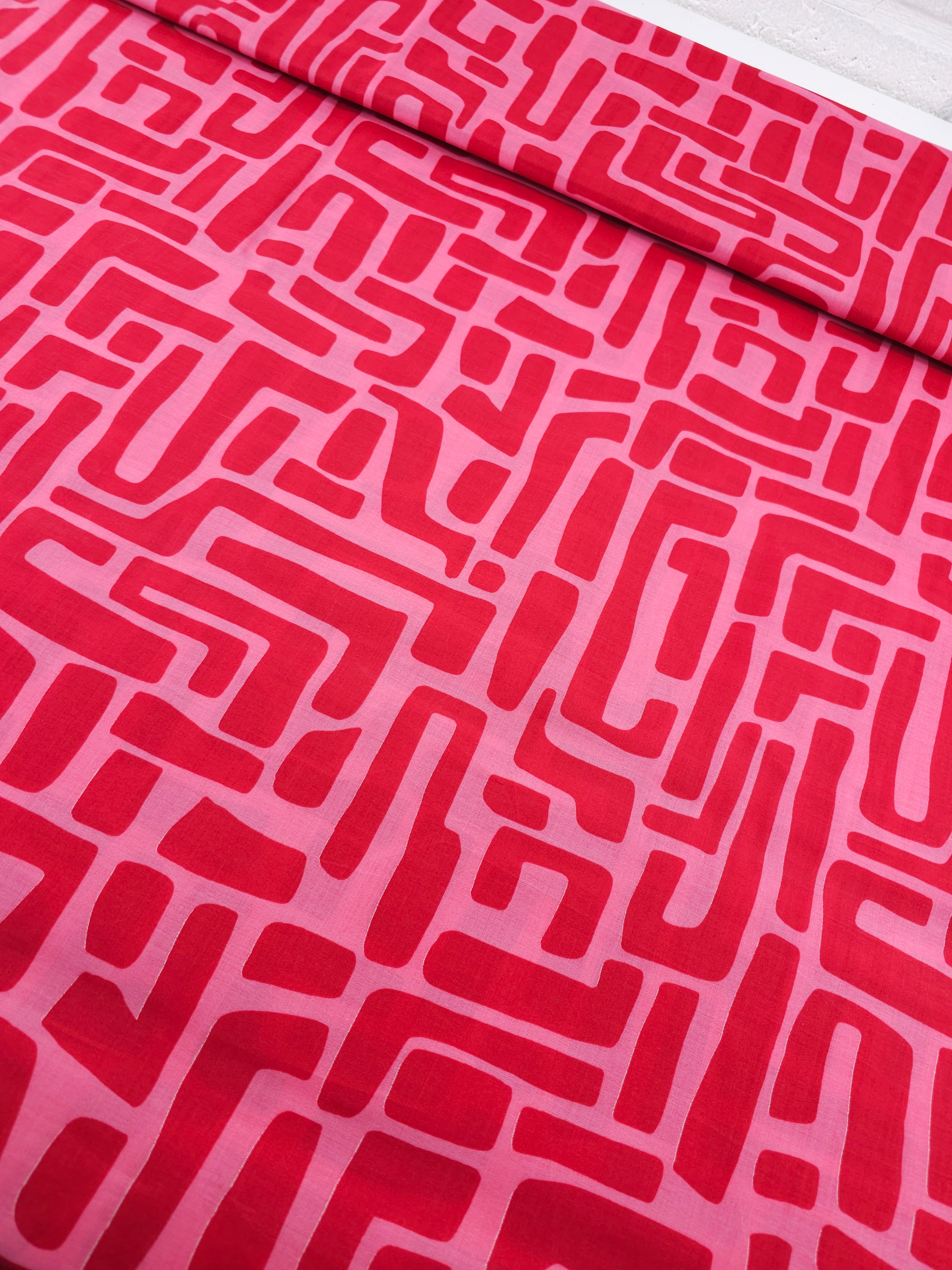 Red/Pink Abstract Maze Coated Cotton 60"