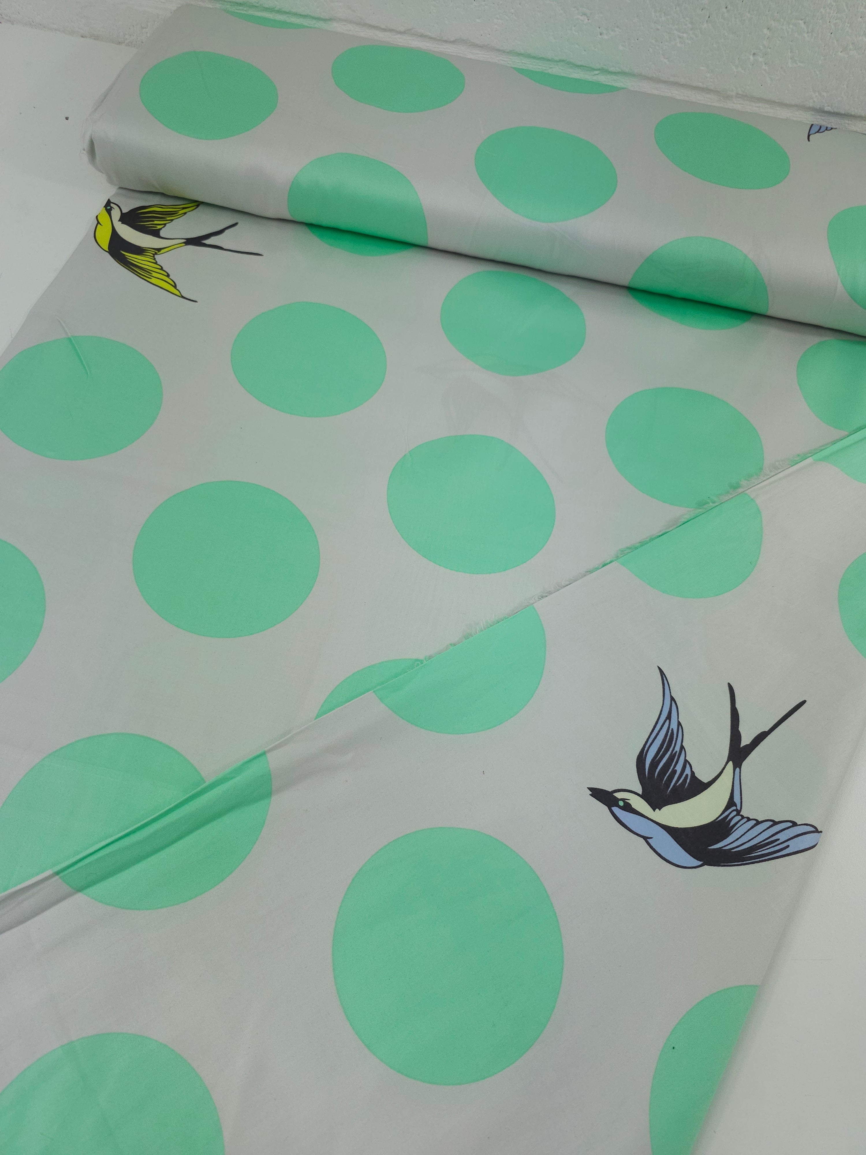Grey/Mint Free Fall Bird Polka Cotton Sateen 103” - Tula Pink (Various Sizes)