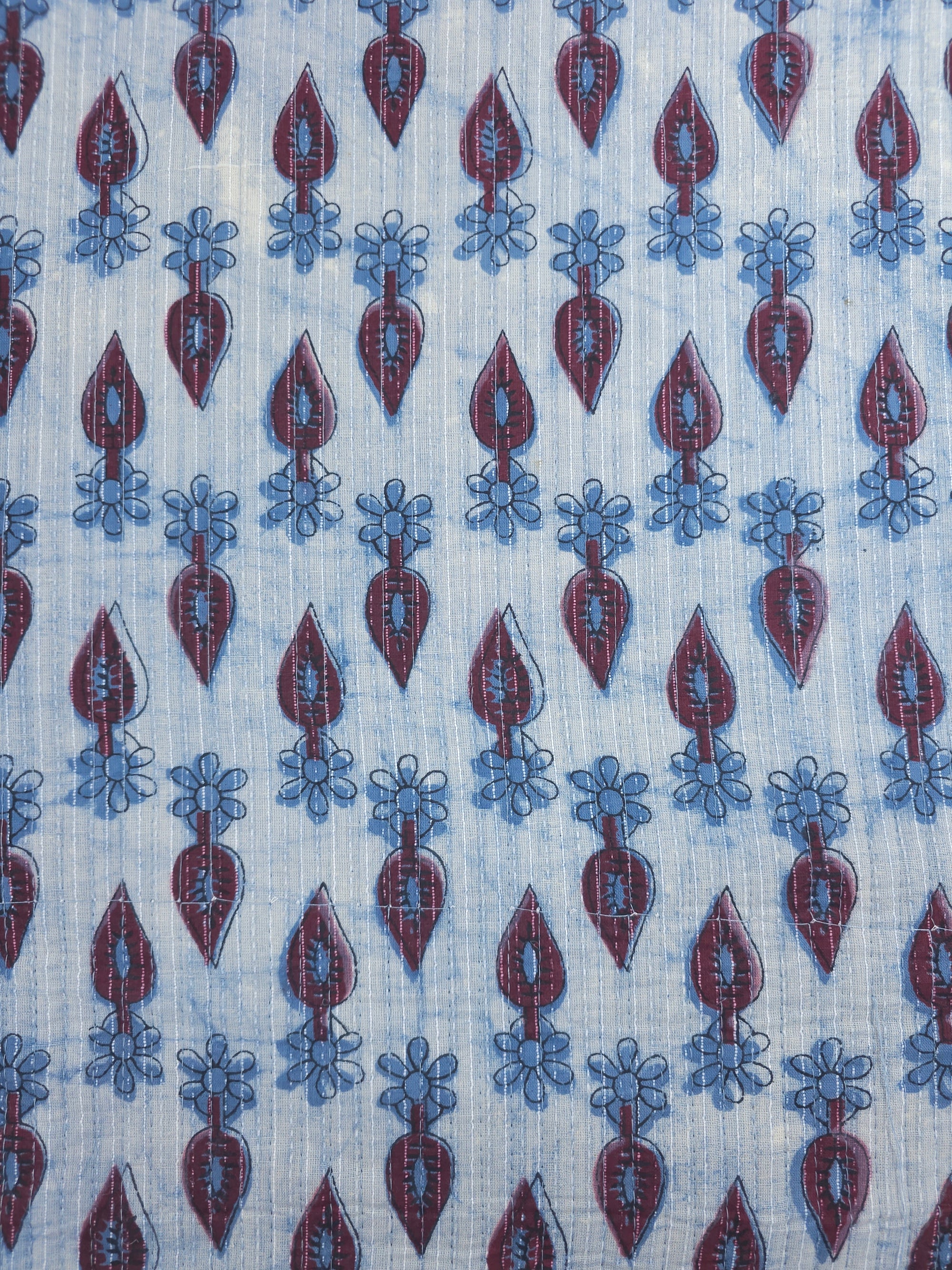 Light Blue/Burgundy Daisy Leaf Quilted Block Print