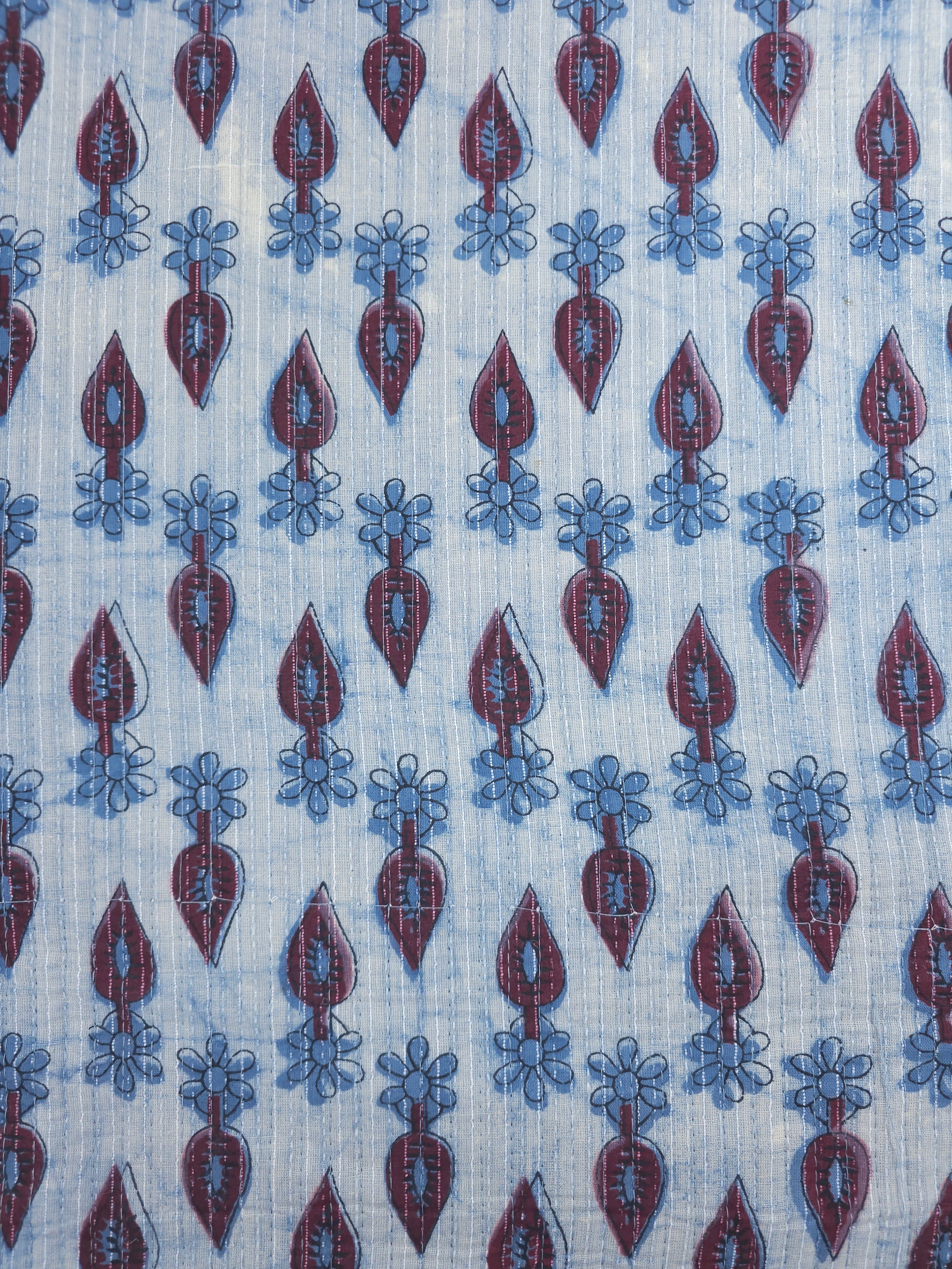 Light Blue/Burgundy Daisy Leaf Quilted Block Print