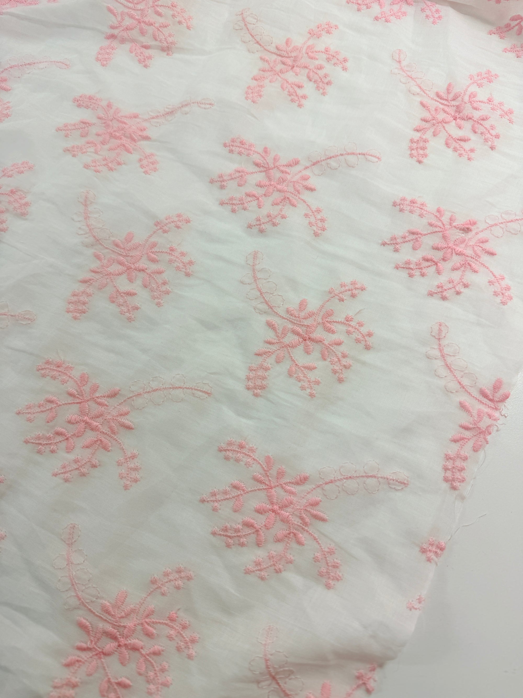 White & Pink Embroidery Sheer Cambric Cotton Broderie Anglaise