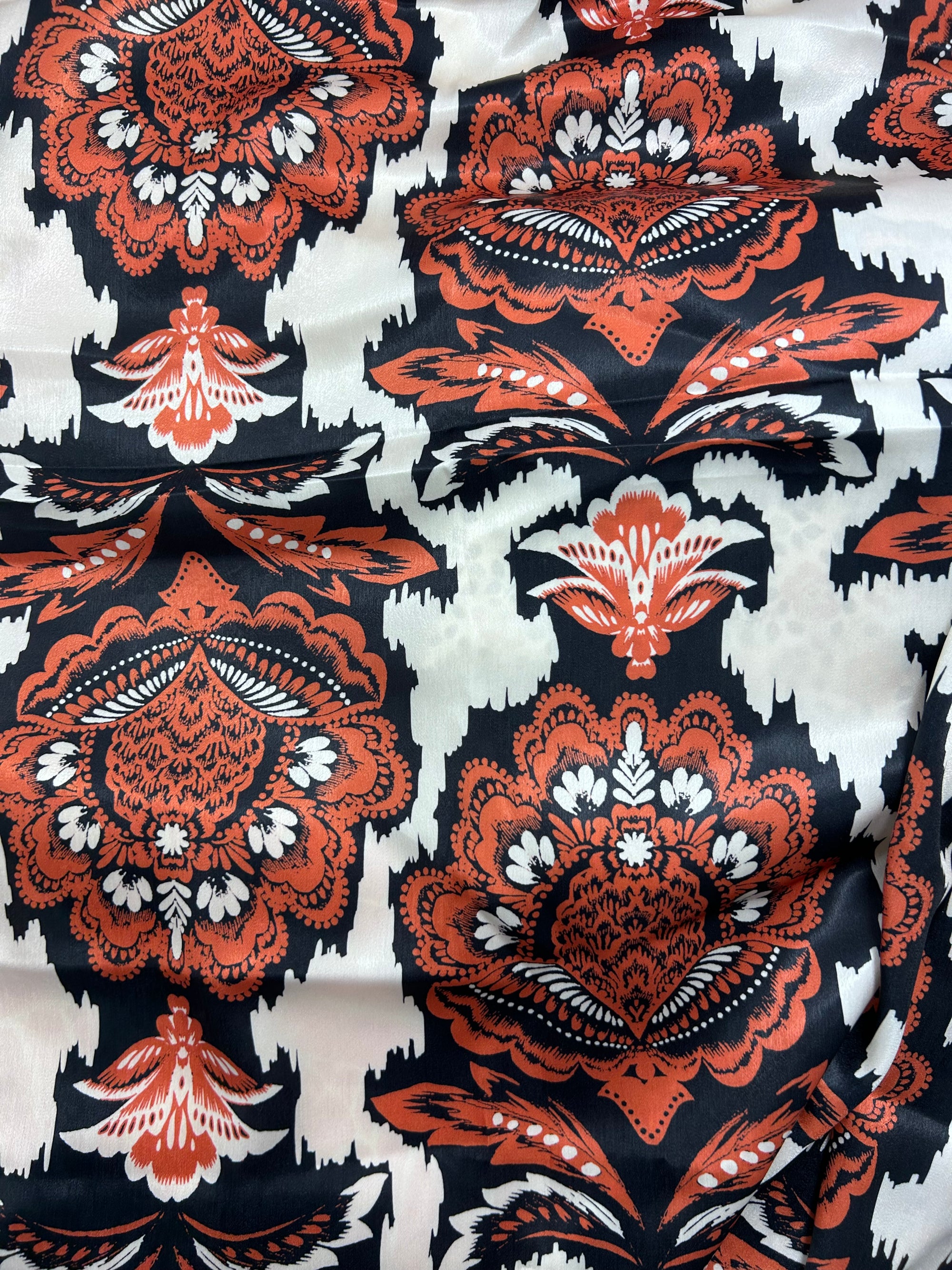White/Orange Abstract Poly Satin - 2.4m Piece