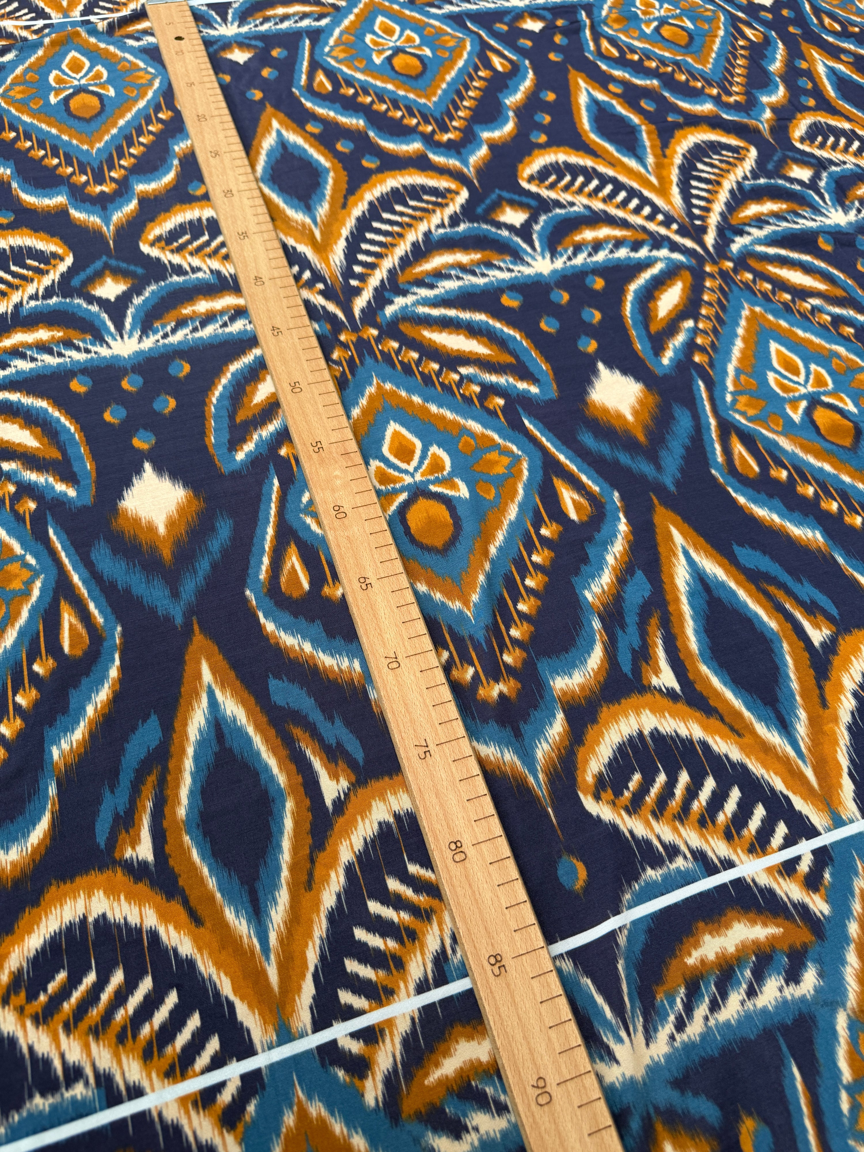 *PRE ORDER* Blue/Marigold Abstract Ikat Lightweight Rayon Jersey