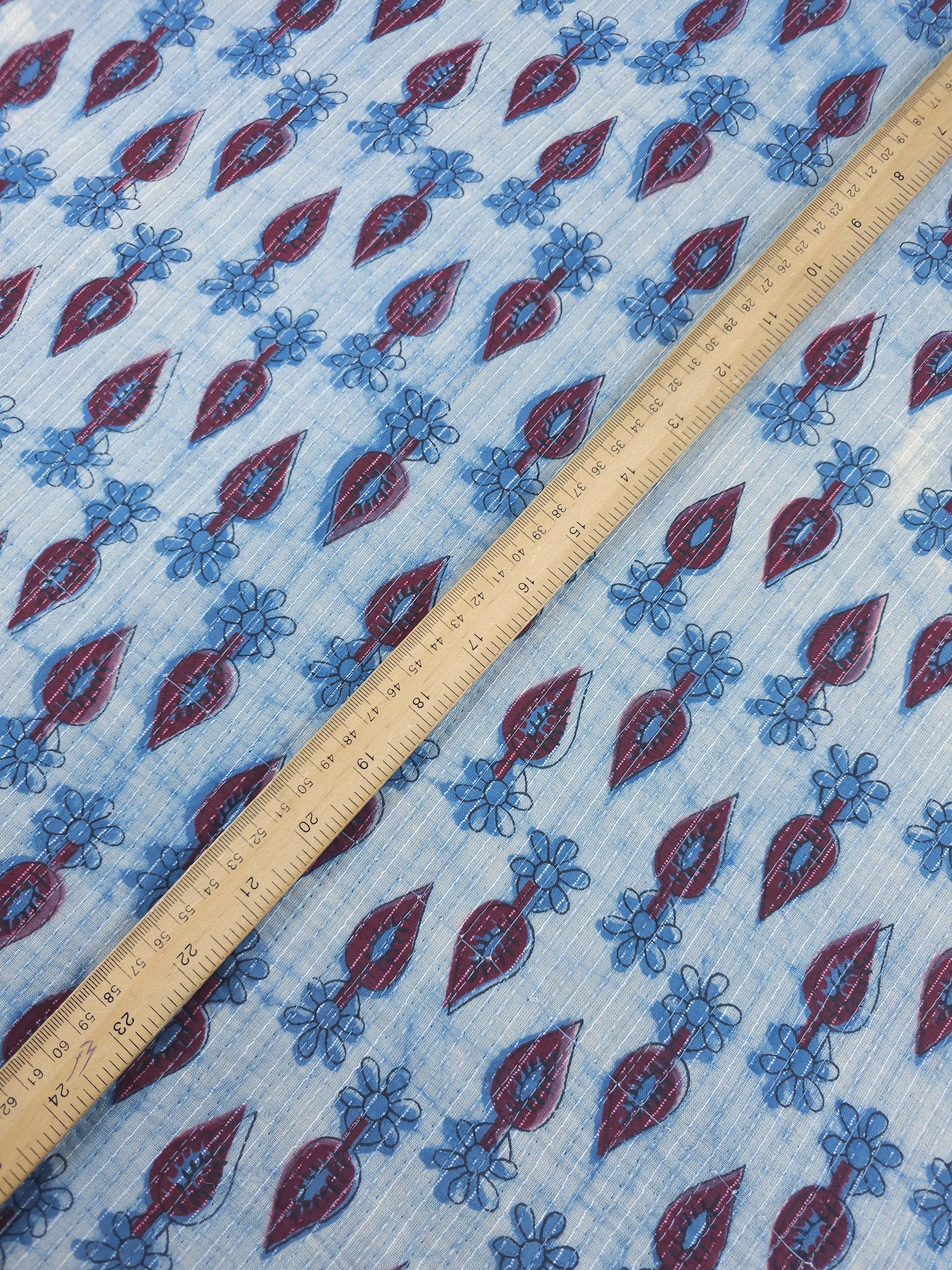 Light Blue/Burgundy Daisy Leaf Quilted Block Print