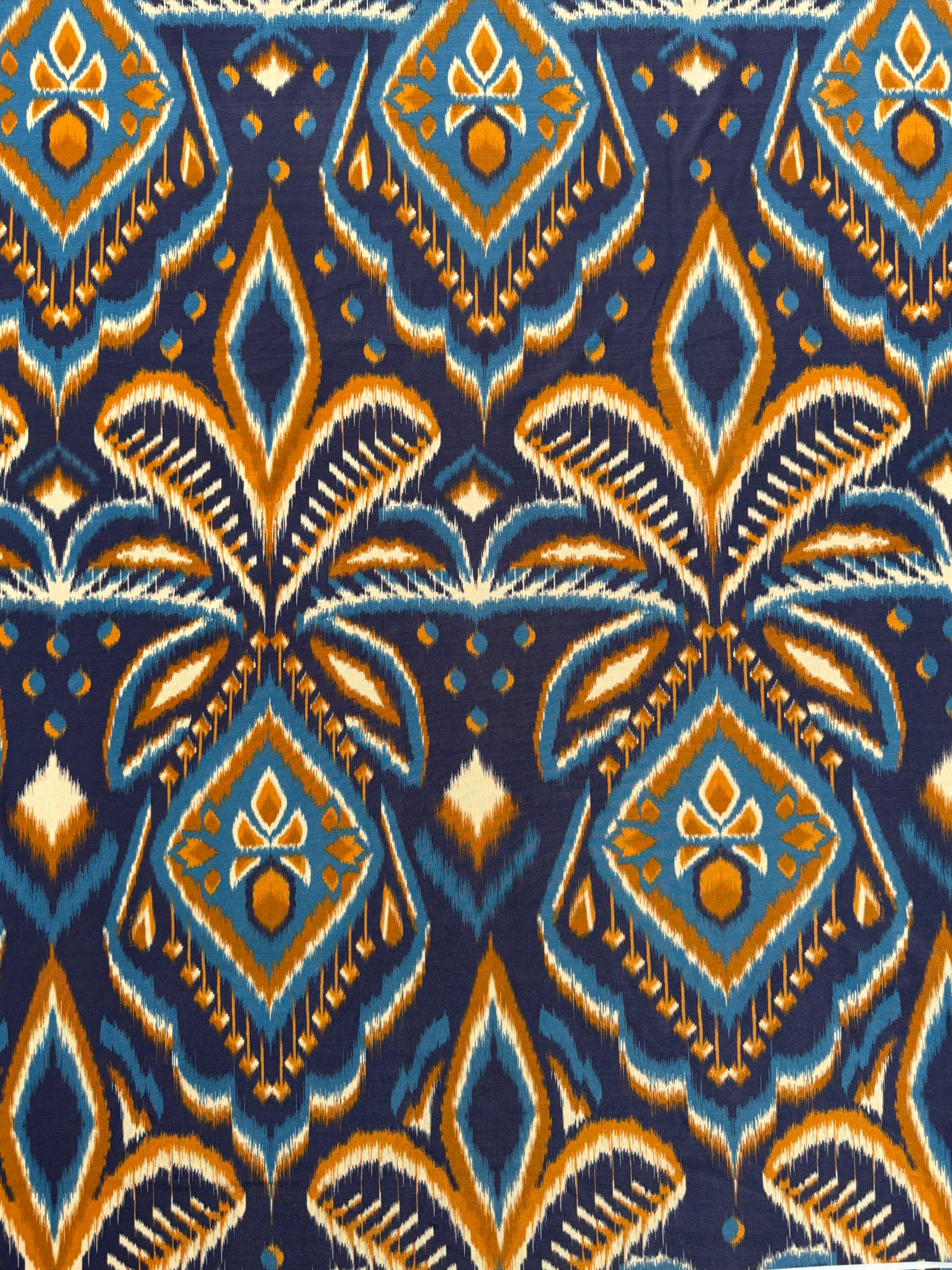 *PRE ORDER* Blue/Marigold Abstract Ikat Lightweight Rayon Jersey