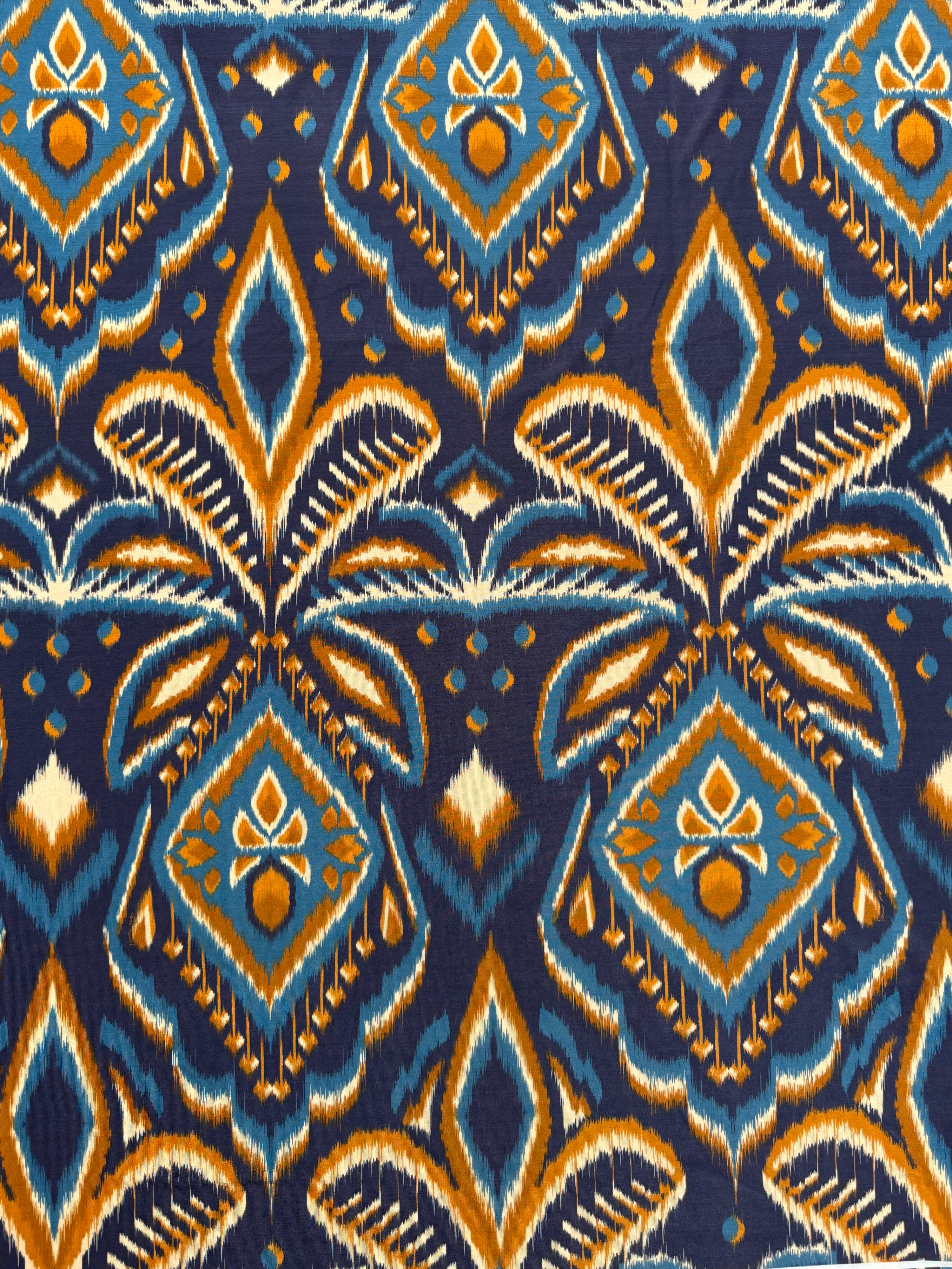 *PRE ORDER* Blue/Marigold Abstract Ikat Lightweight Rayon Jersey