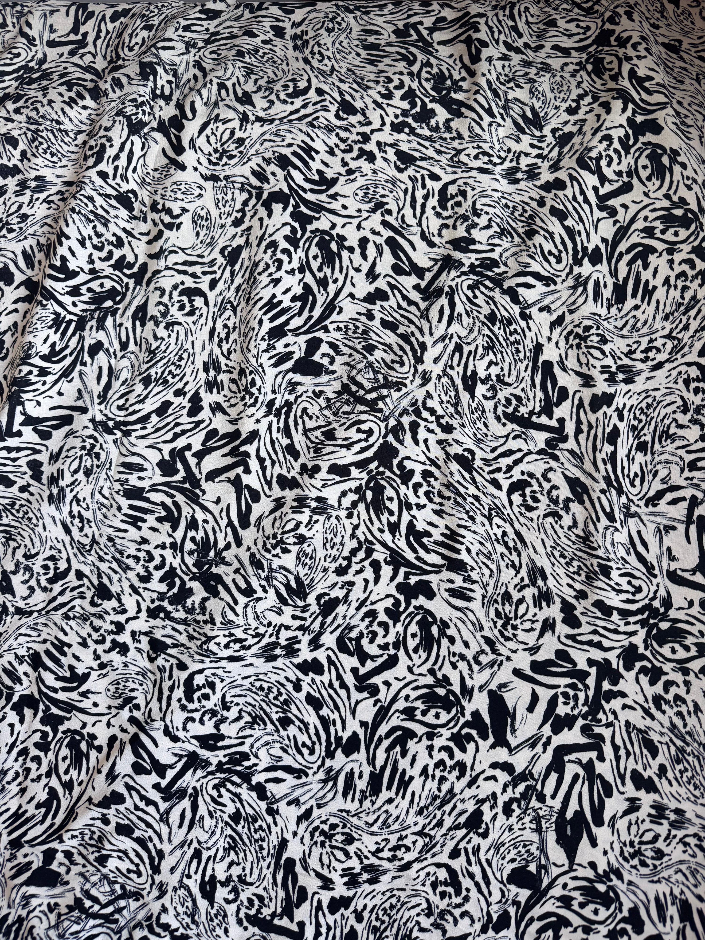 Ivory/Black Abstract Paisley Stroke Viscose Crepe