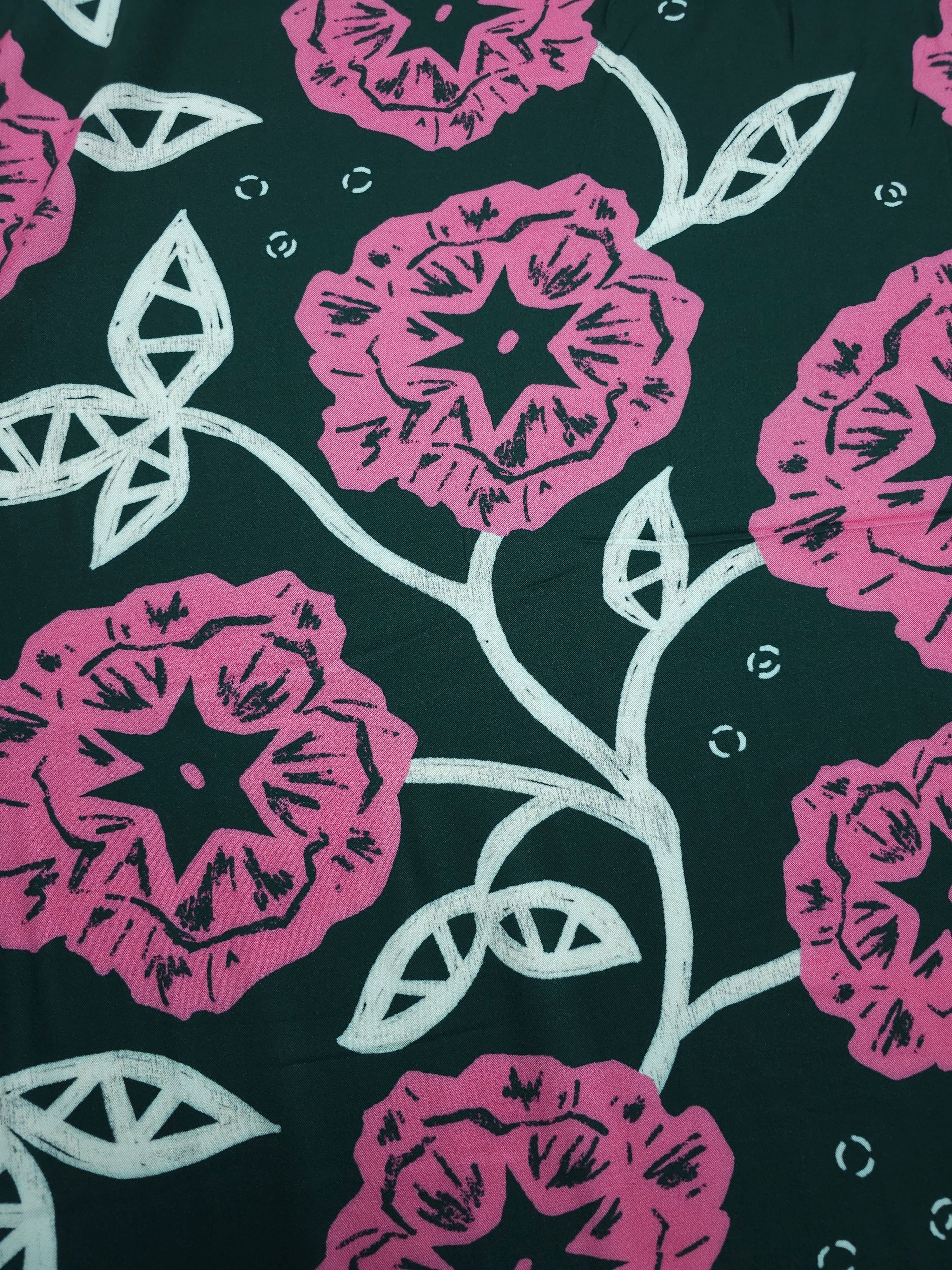 Forest Green/Pink Large Abstract Rose Twine Viscose Challis