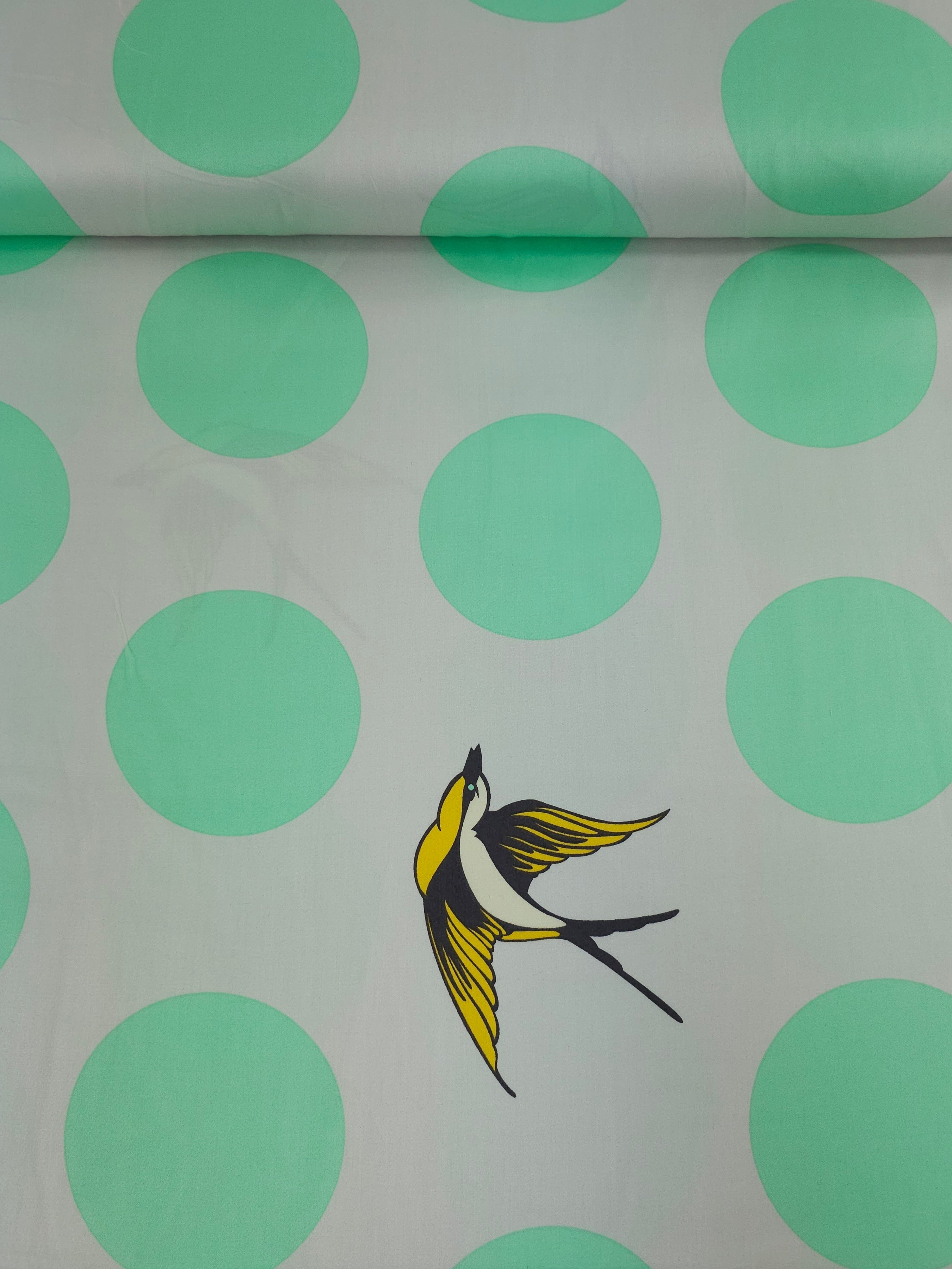 Grey/Mint Free Fall Bird Polka Cotton Sateen 103” - Tula Pink (Various Sizes)