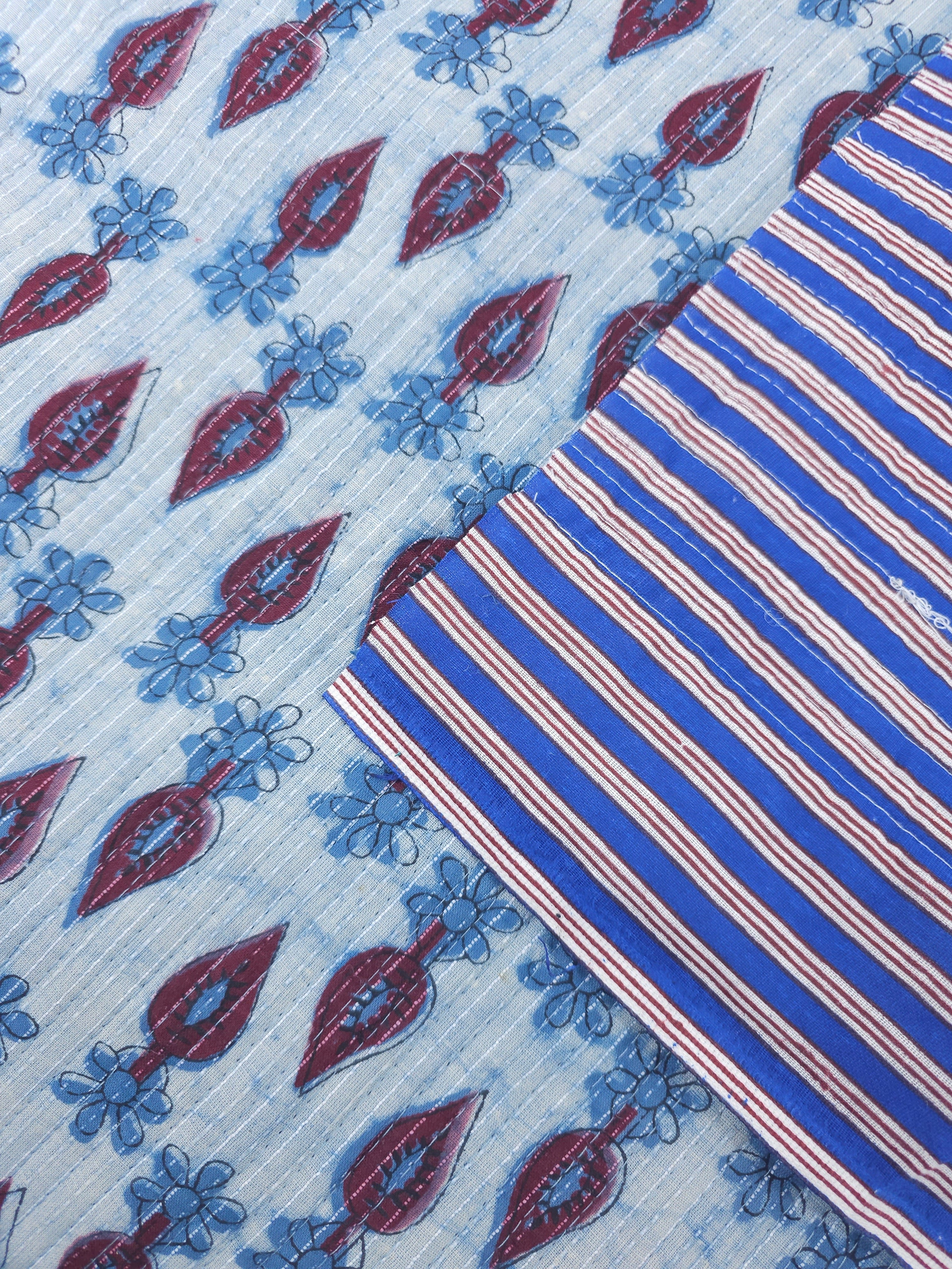 Light Blue/Burgundy Daisy Leaf Quilted Block Print