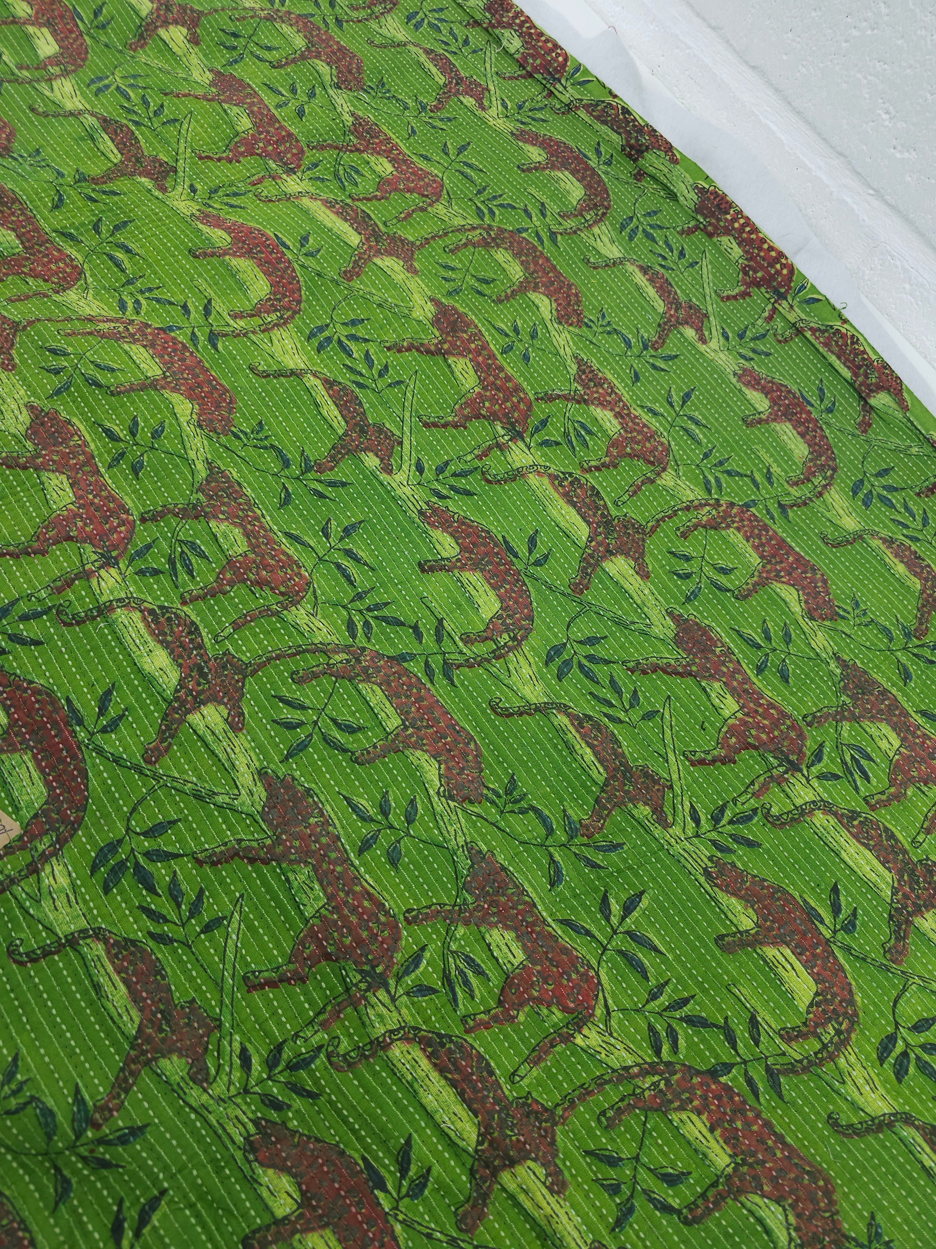 Green/Deep Red Lurking Leopard Quilted Block Print