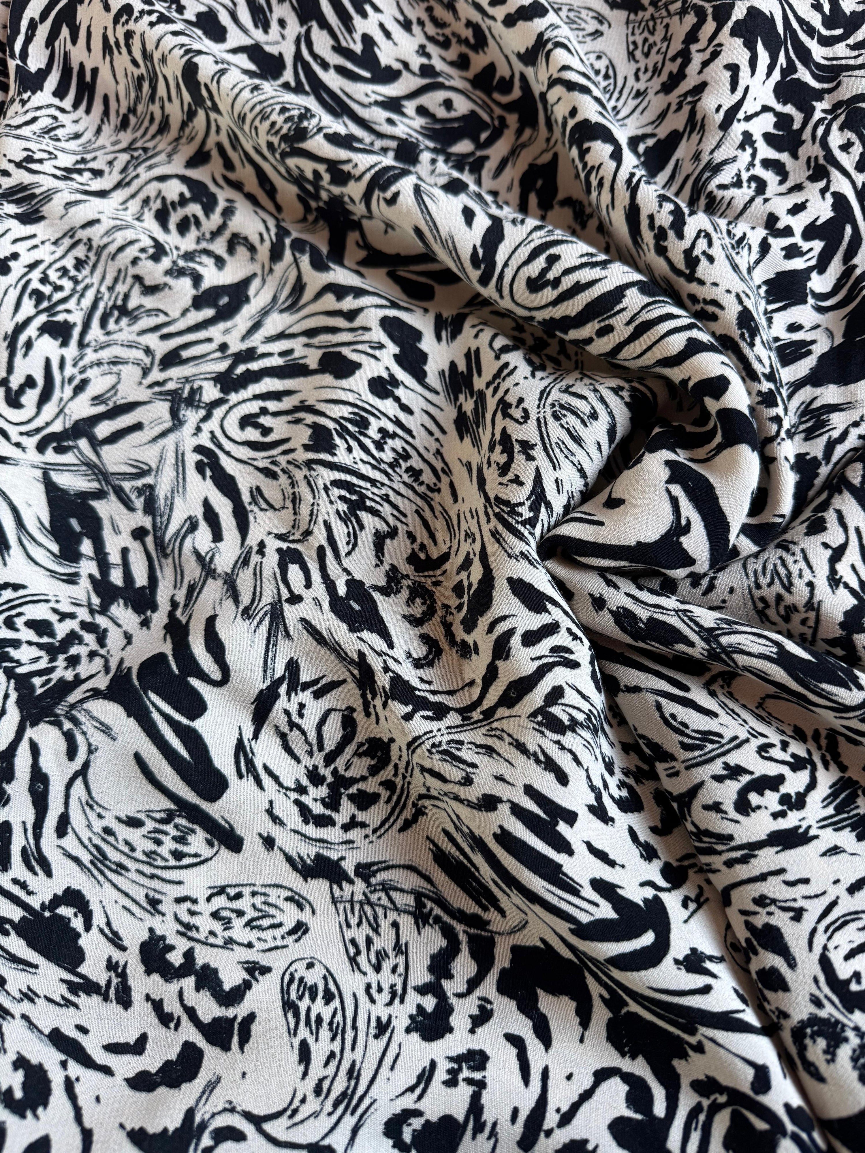 Ivory/Black Abstract Paisley Stroke Viscose Crepe