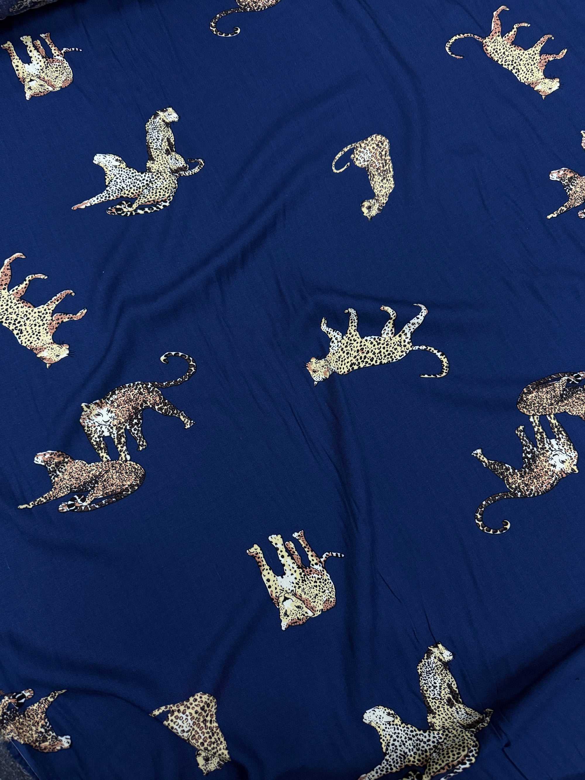 Navy Blue Leopard Viscose Challis