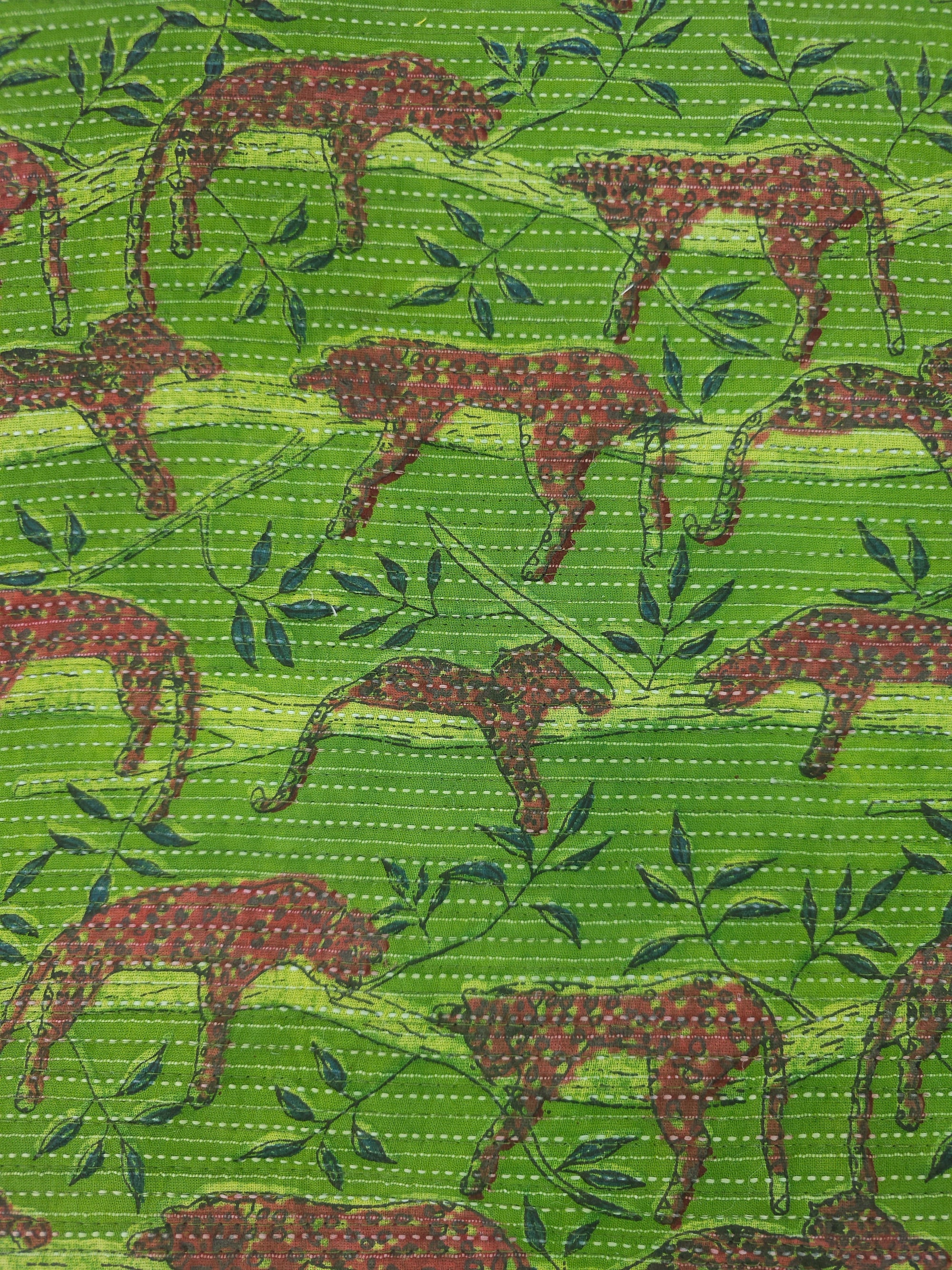 Green/Deep Red Lurking Leopard Quilted Block Print