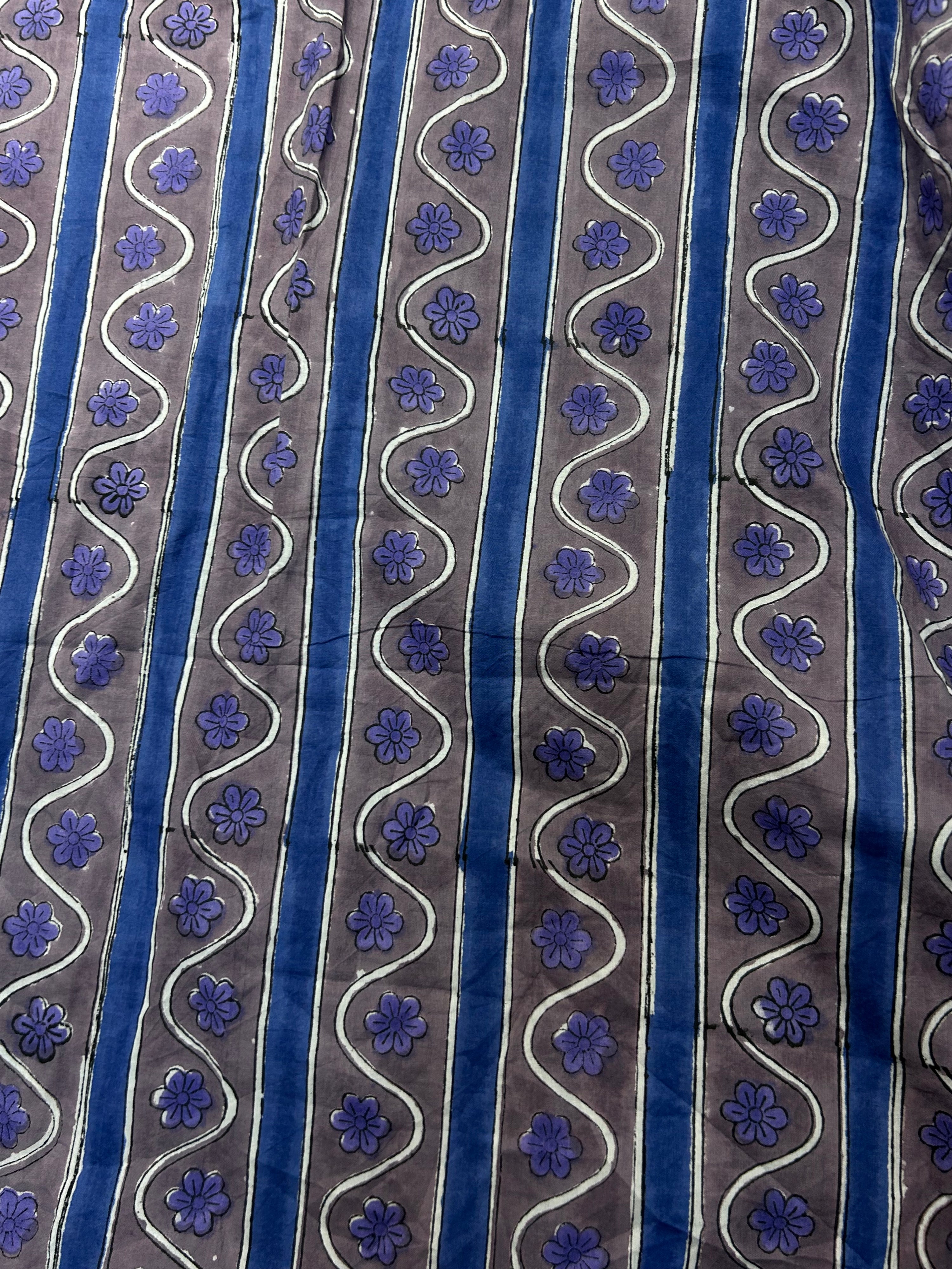 Squiggle Stripe Floral Blockprint Cotton - 1.4m Piece