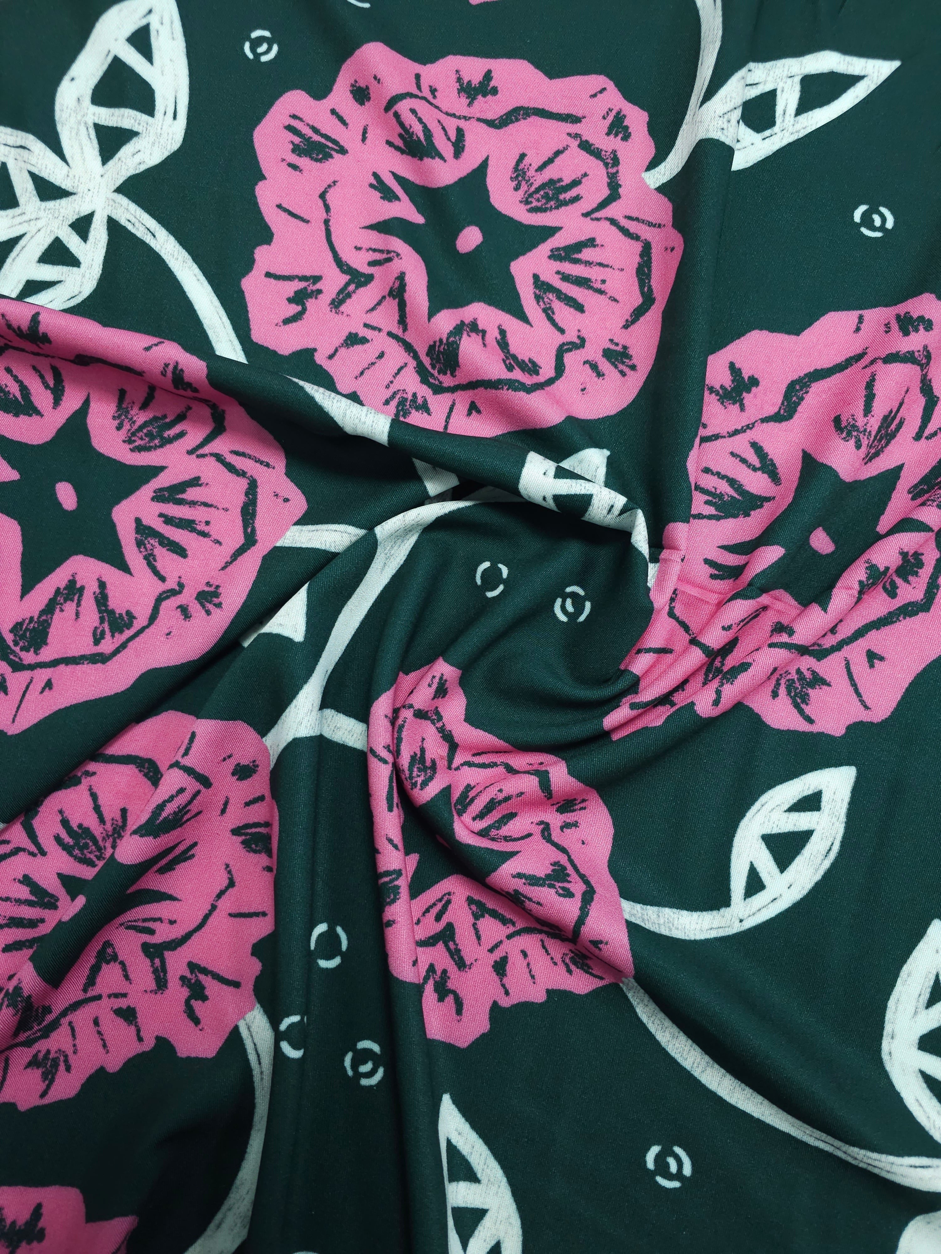 Forest Green/Pink Large Abstract Rose Twine Viscose Challis