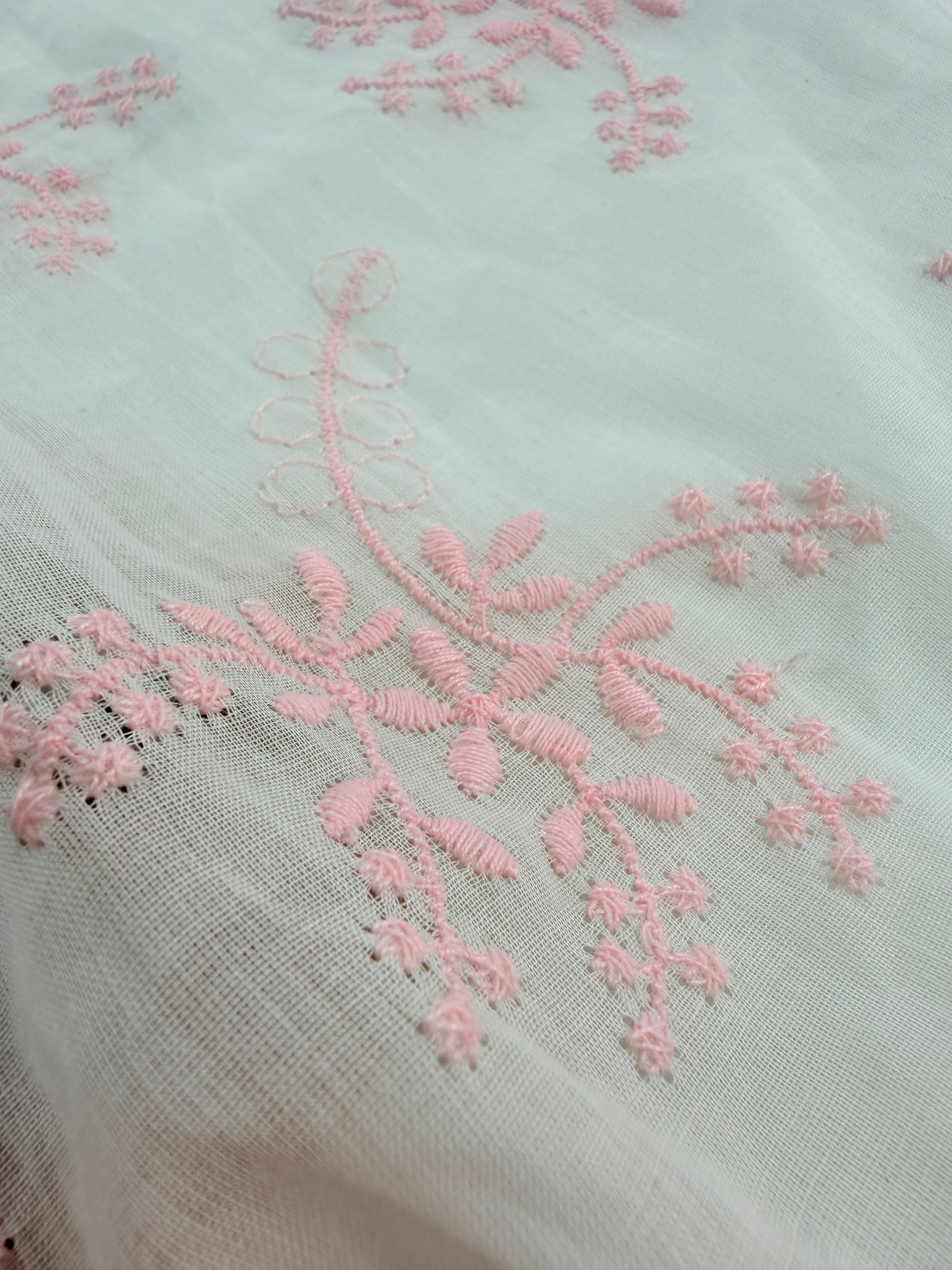 White & Pink Embroidery Sheer Cambric Cotton Broderie Anglaise