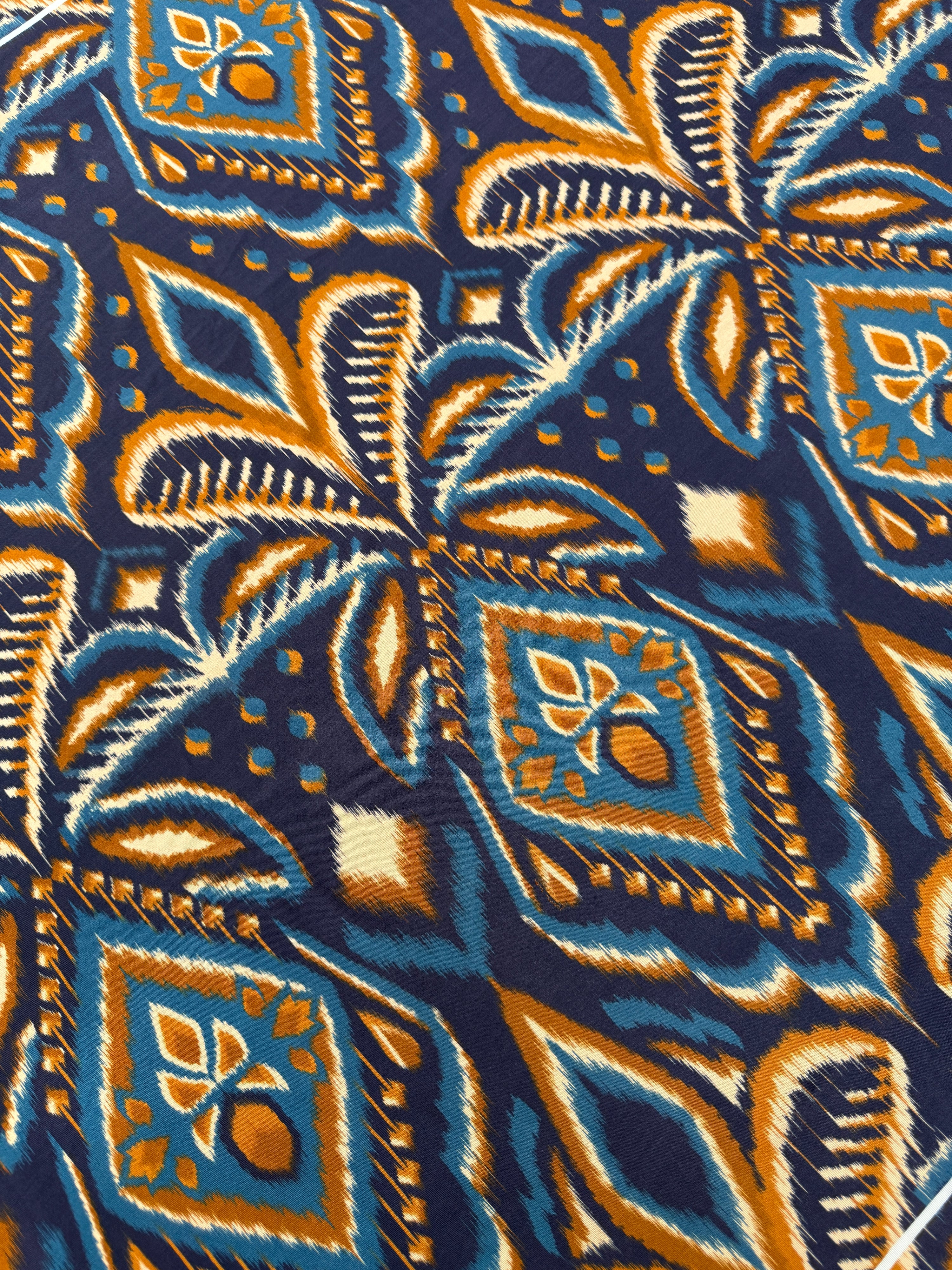 *PRE ORDER* Blue/Marigold Abstract Ikat Lightweight Rayon Jersey