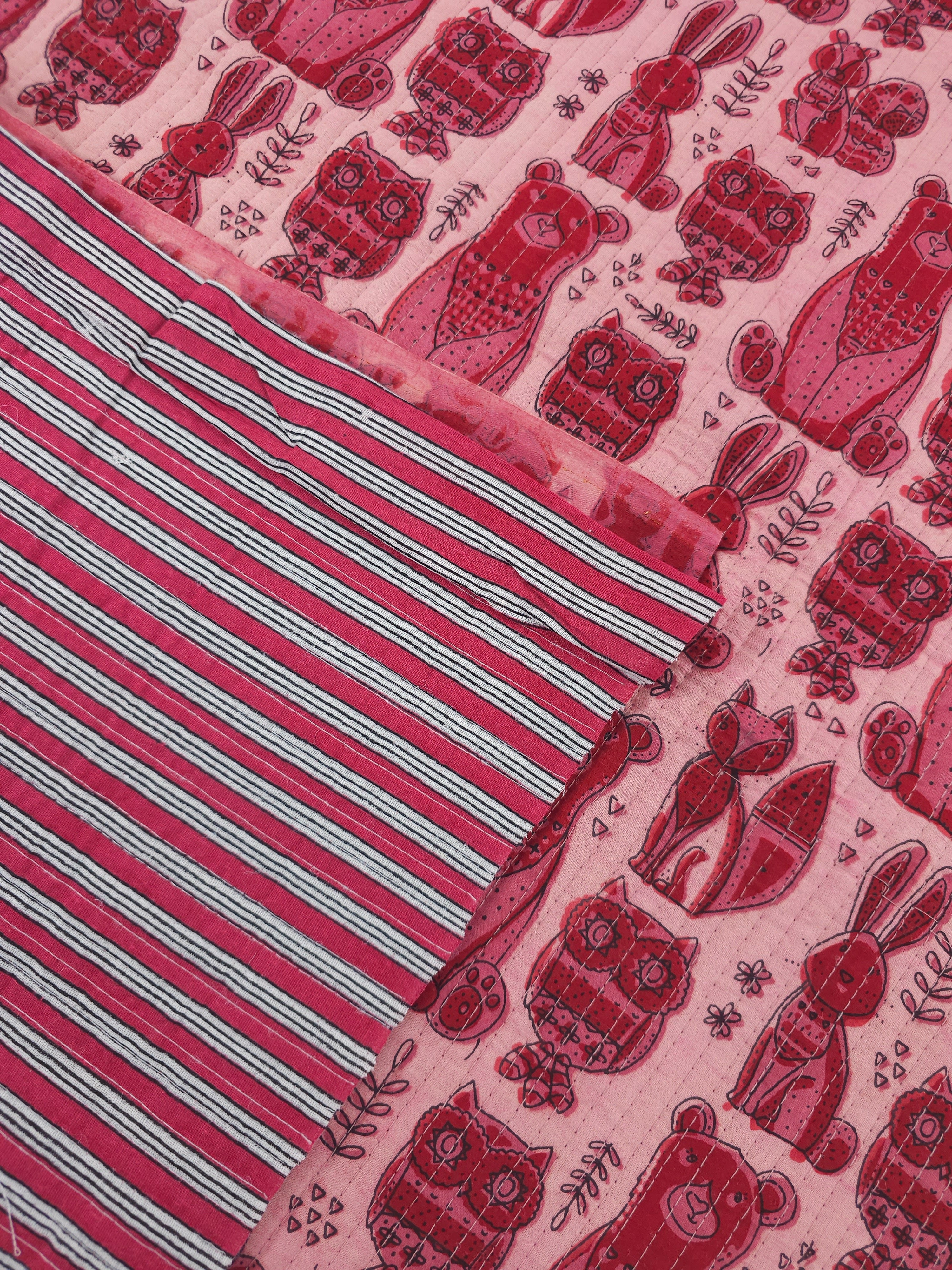 Powder Pink/Deep Red Wildlife Quilted Block Print