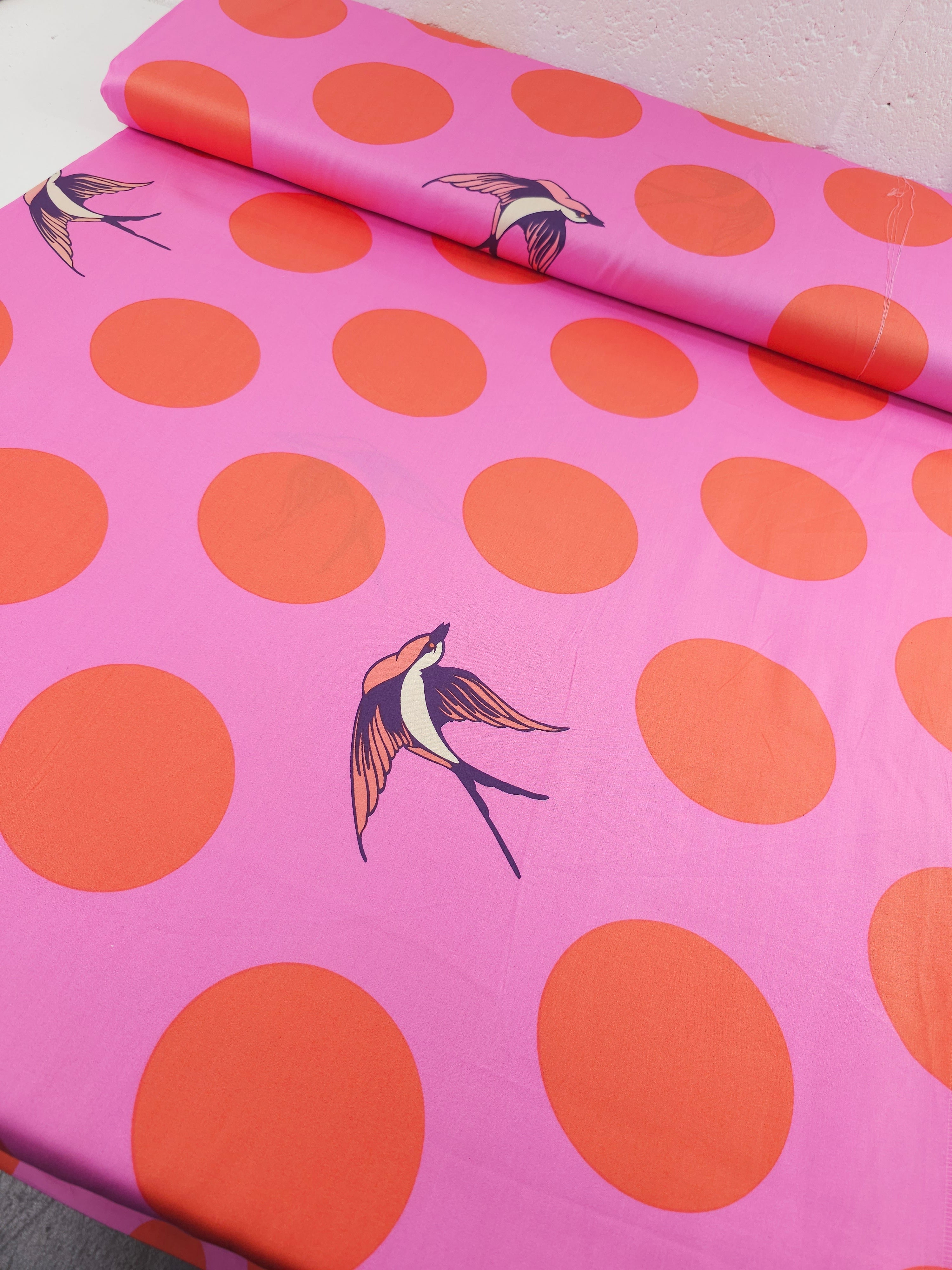 Orangey Red/Pink Free Fall Bird Polka Cotton Sateen 103” - Tula Pink (Various Sizes)