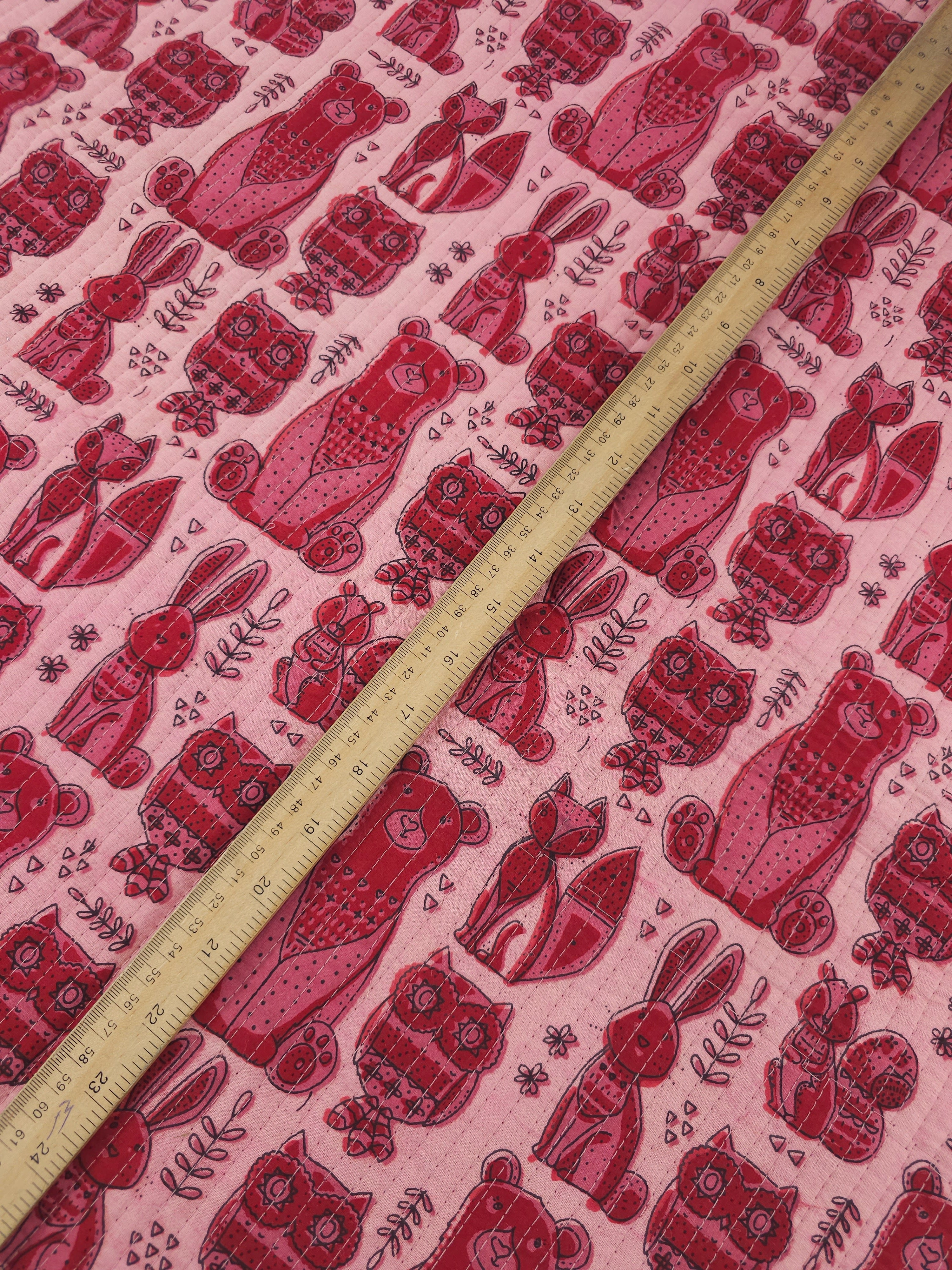 Powder Pink/Deep Red Wildlife Quilted Block Print