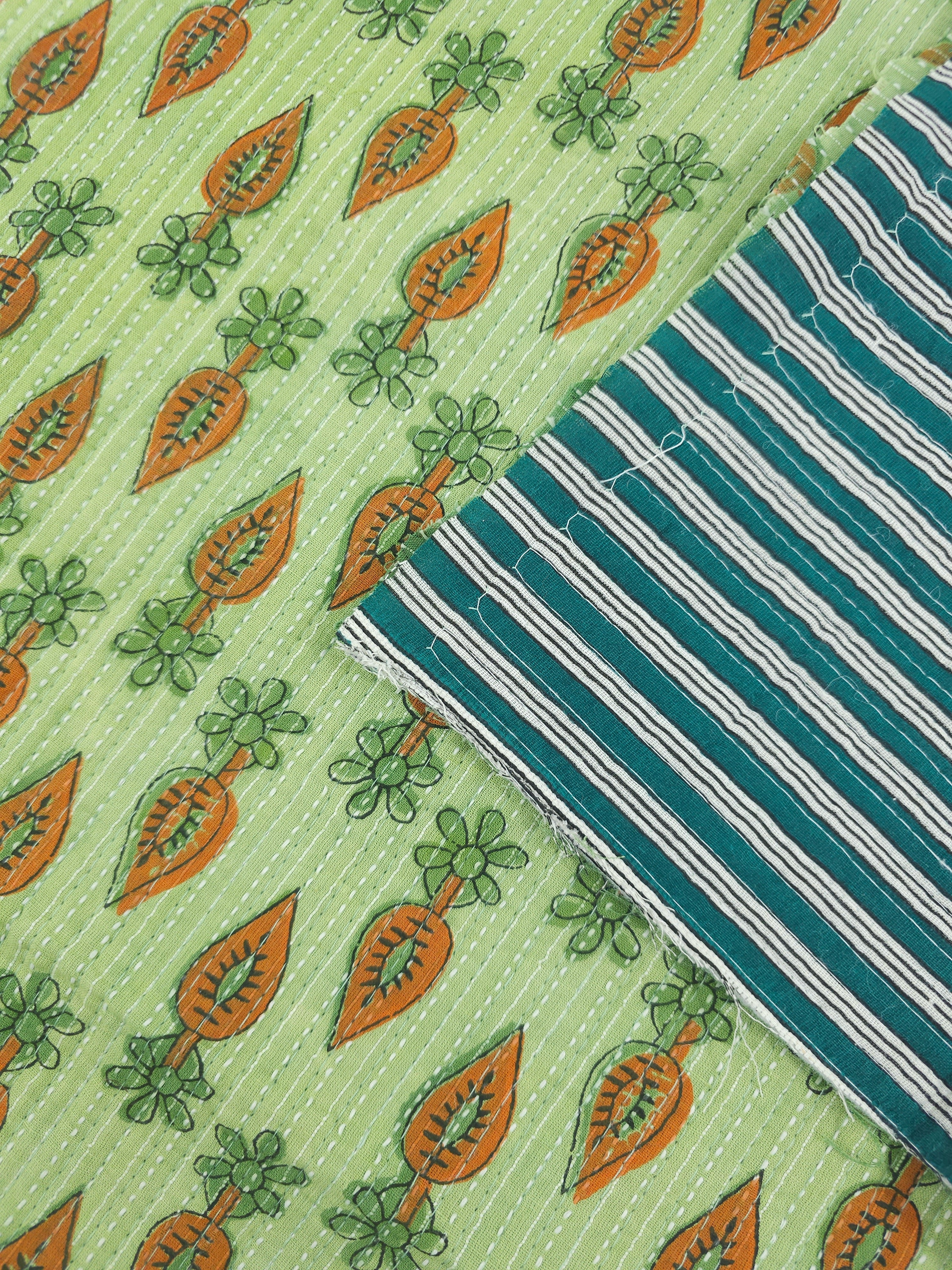 Light Green/Orange Daisy Leaf Quilted Block Print