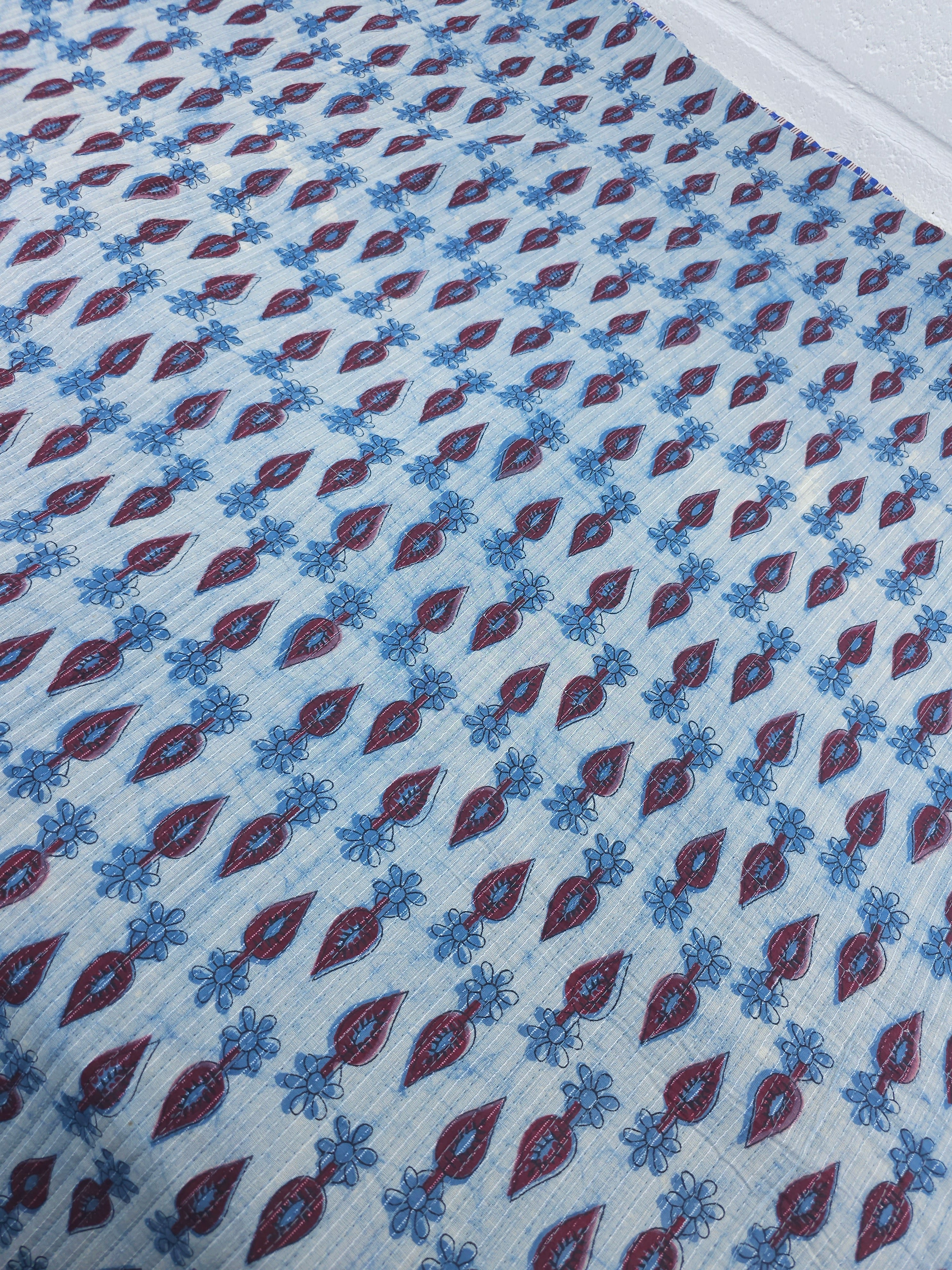 Light Blue/Burgundy Daisy Leaf Quilted Block Print