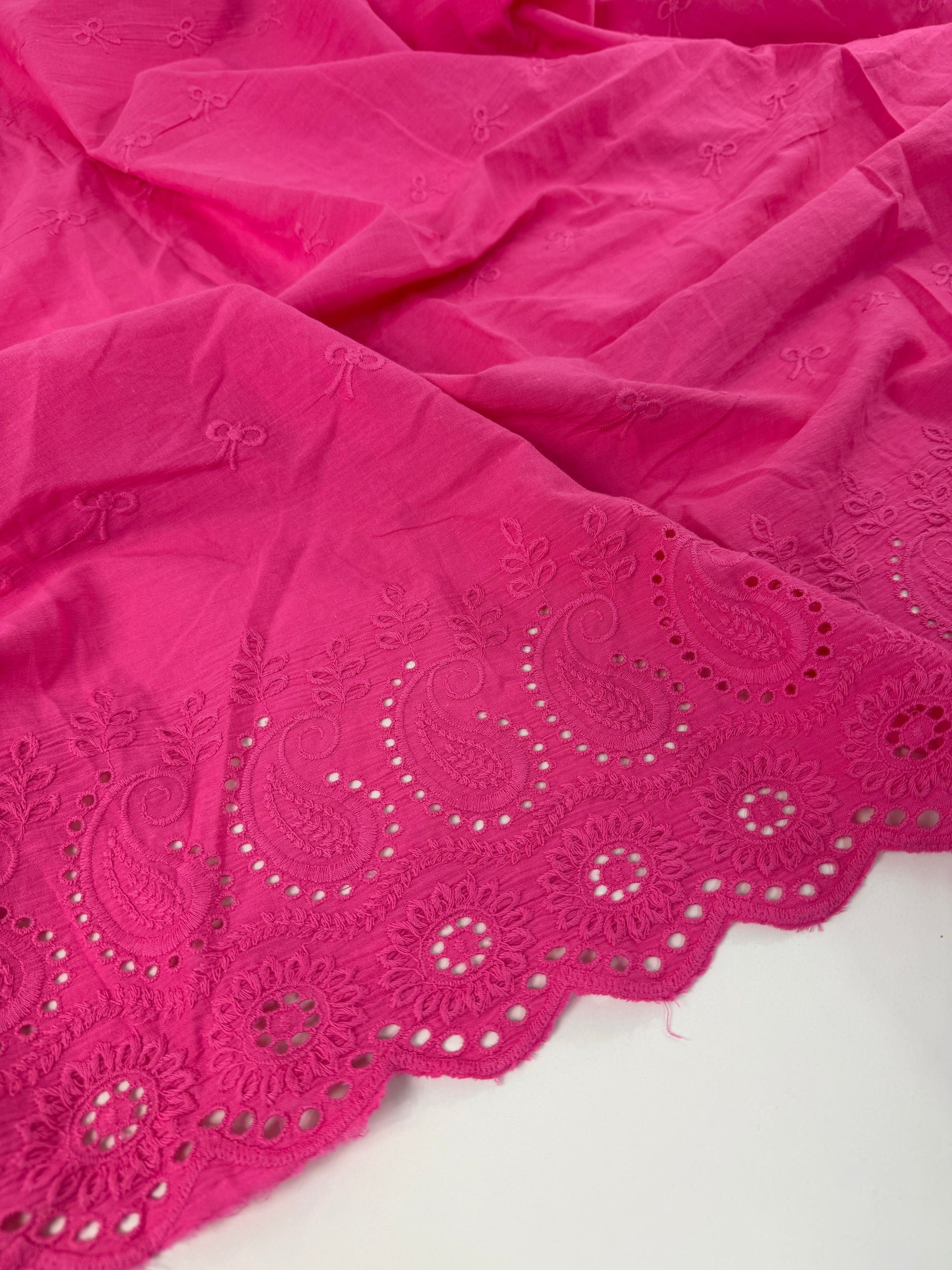 Pink Bows Cambric Cotton Broderie Anglaise