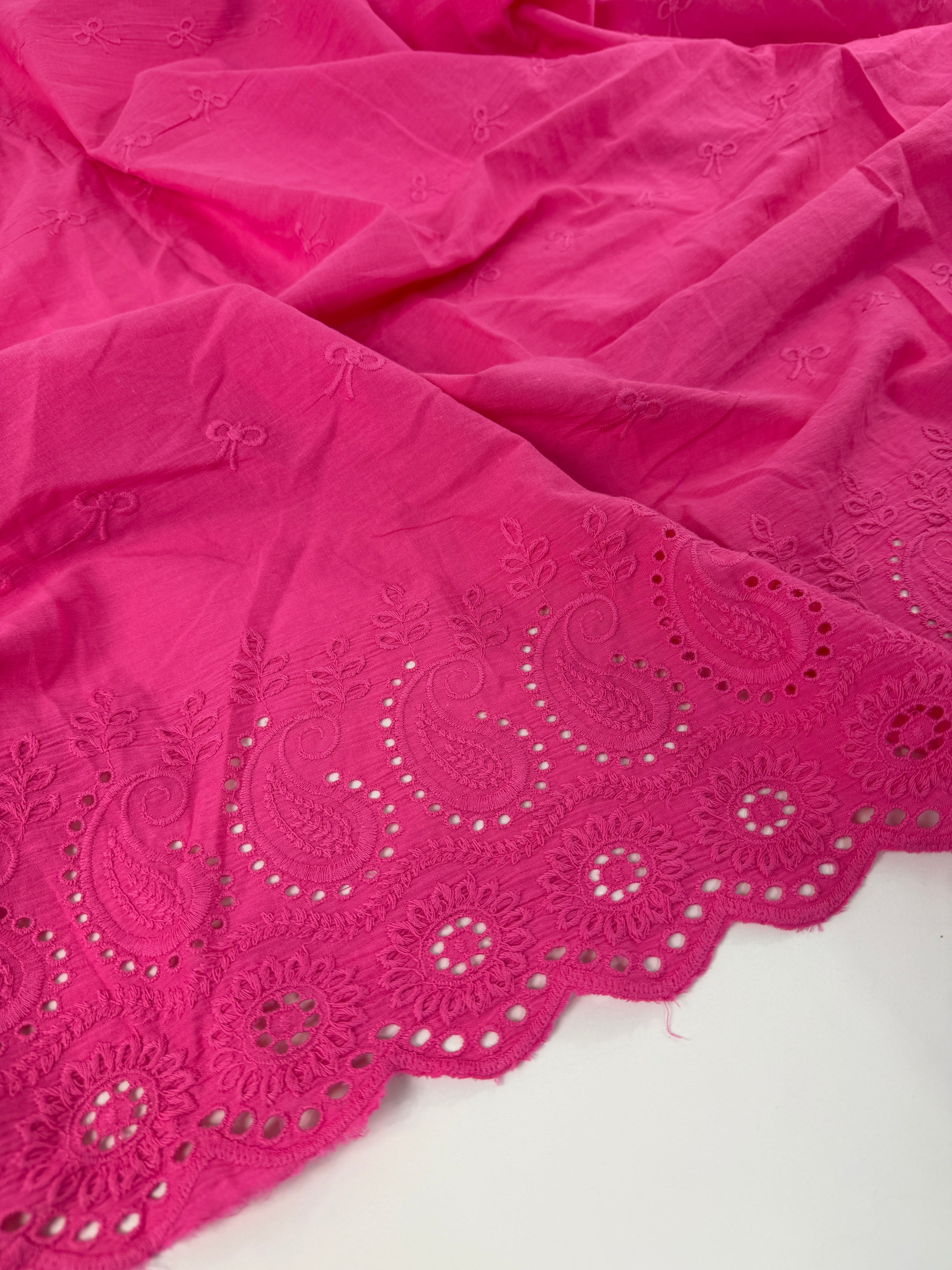 Pink Bows Cambric Cotton Broderie Anglaise