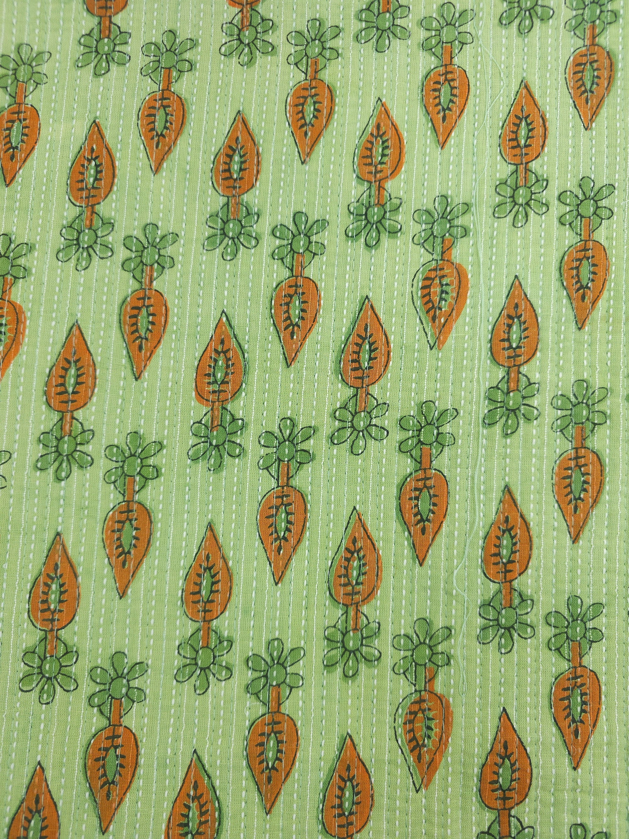 Light Green/Orange Daisy Leaf Quilted Block Print