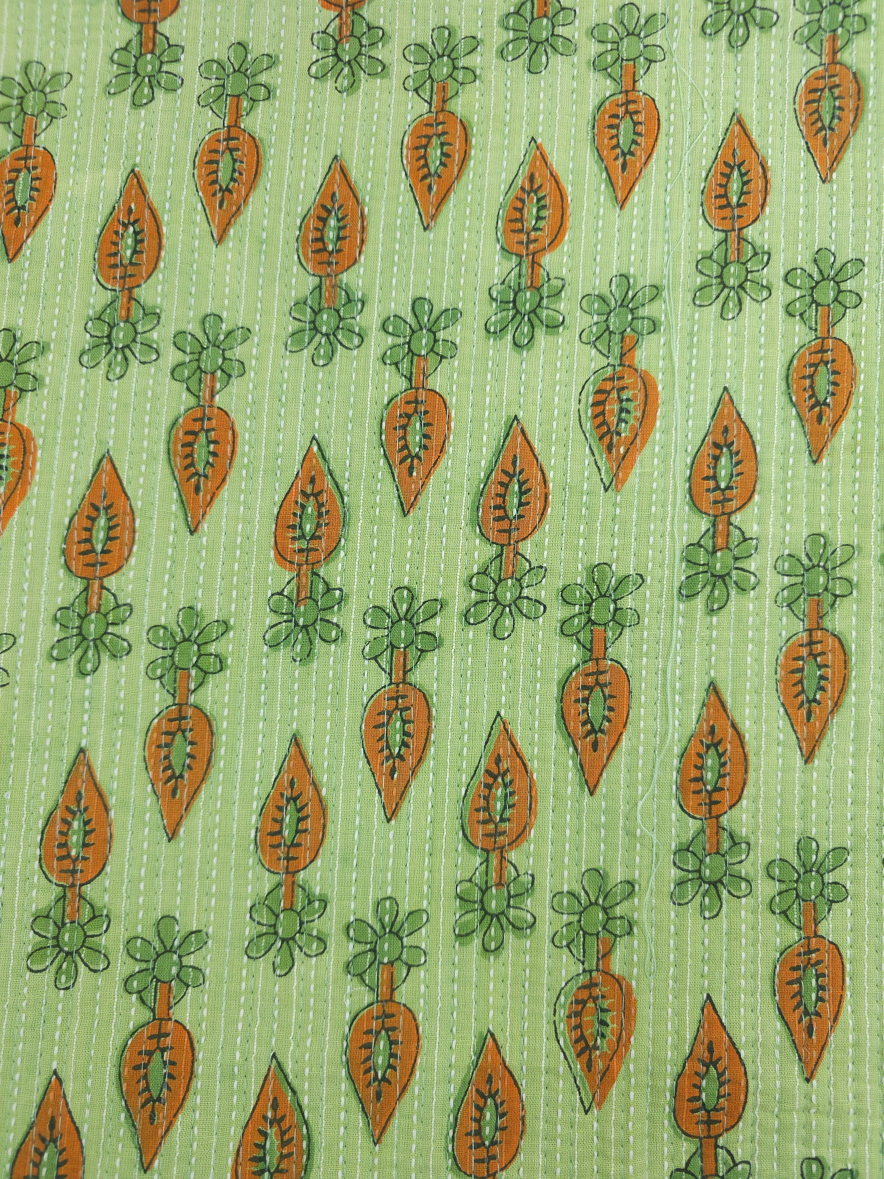 Light Green/Orange Daisy Leaf Quilted Block Print