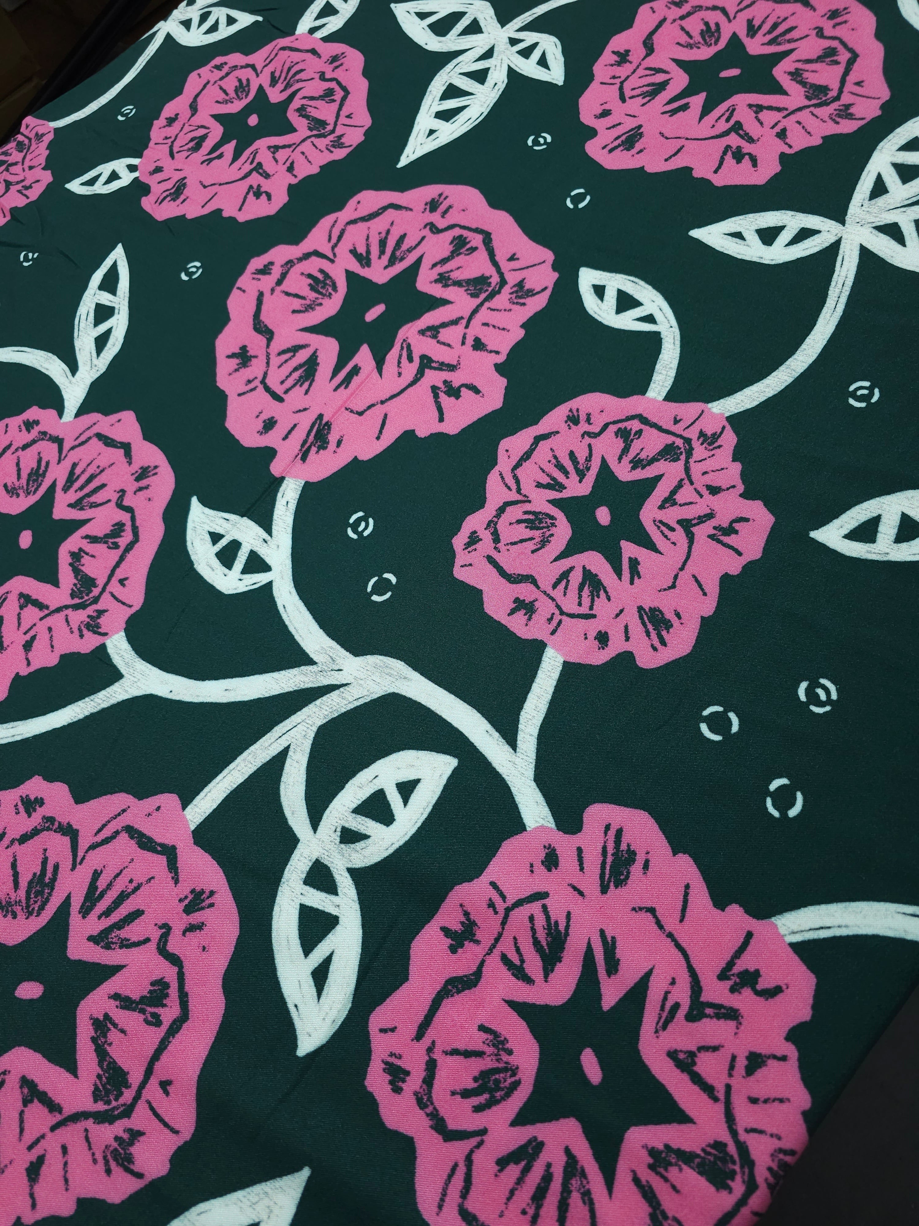 Forest Green/Pink Large Abstract Rose Twine Viscose Challis