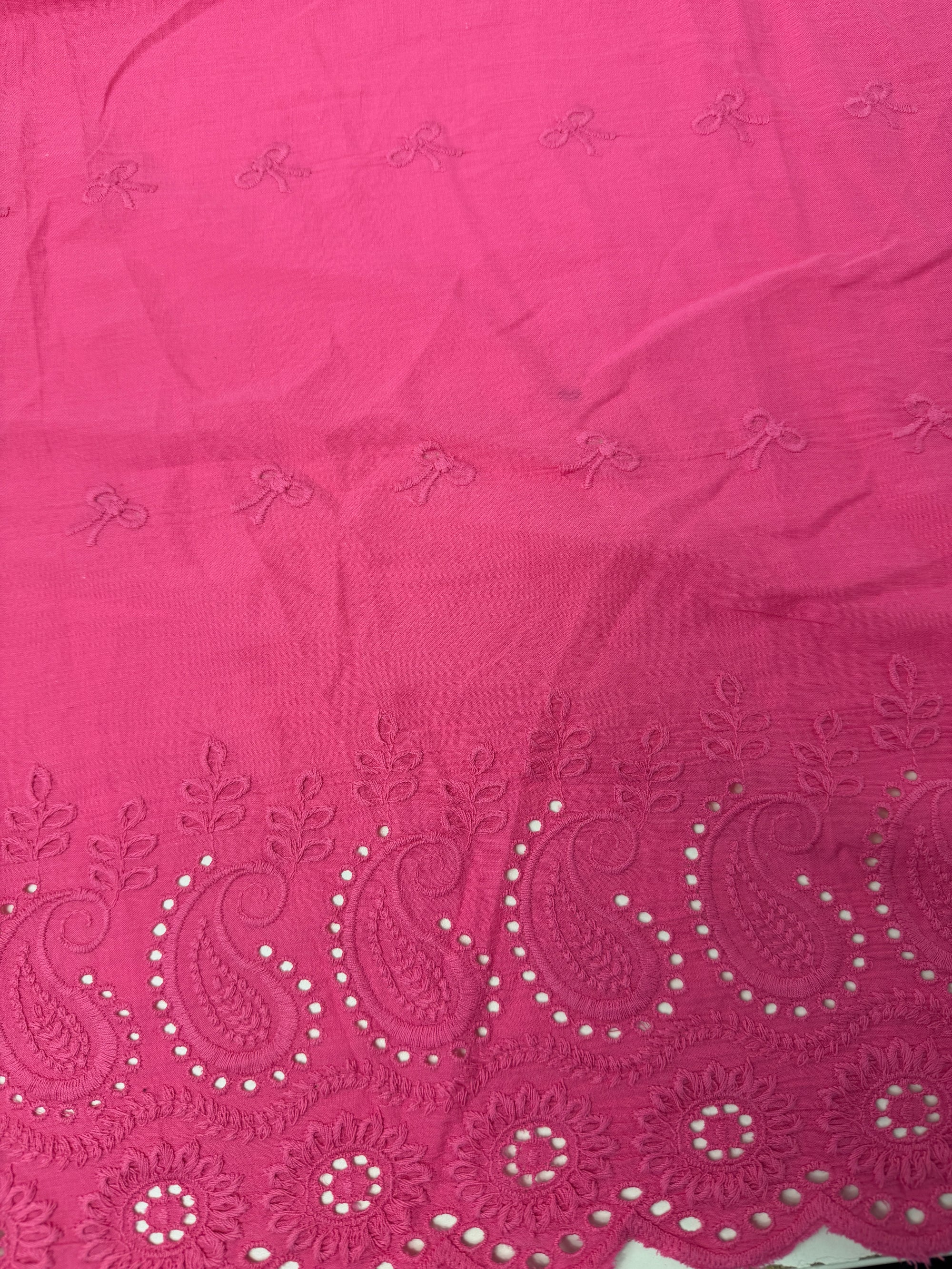 Pink Bows Cambric Cotton Broderie Anglaise