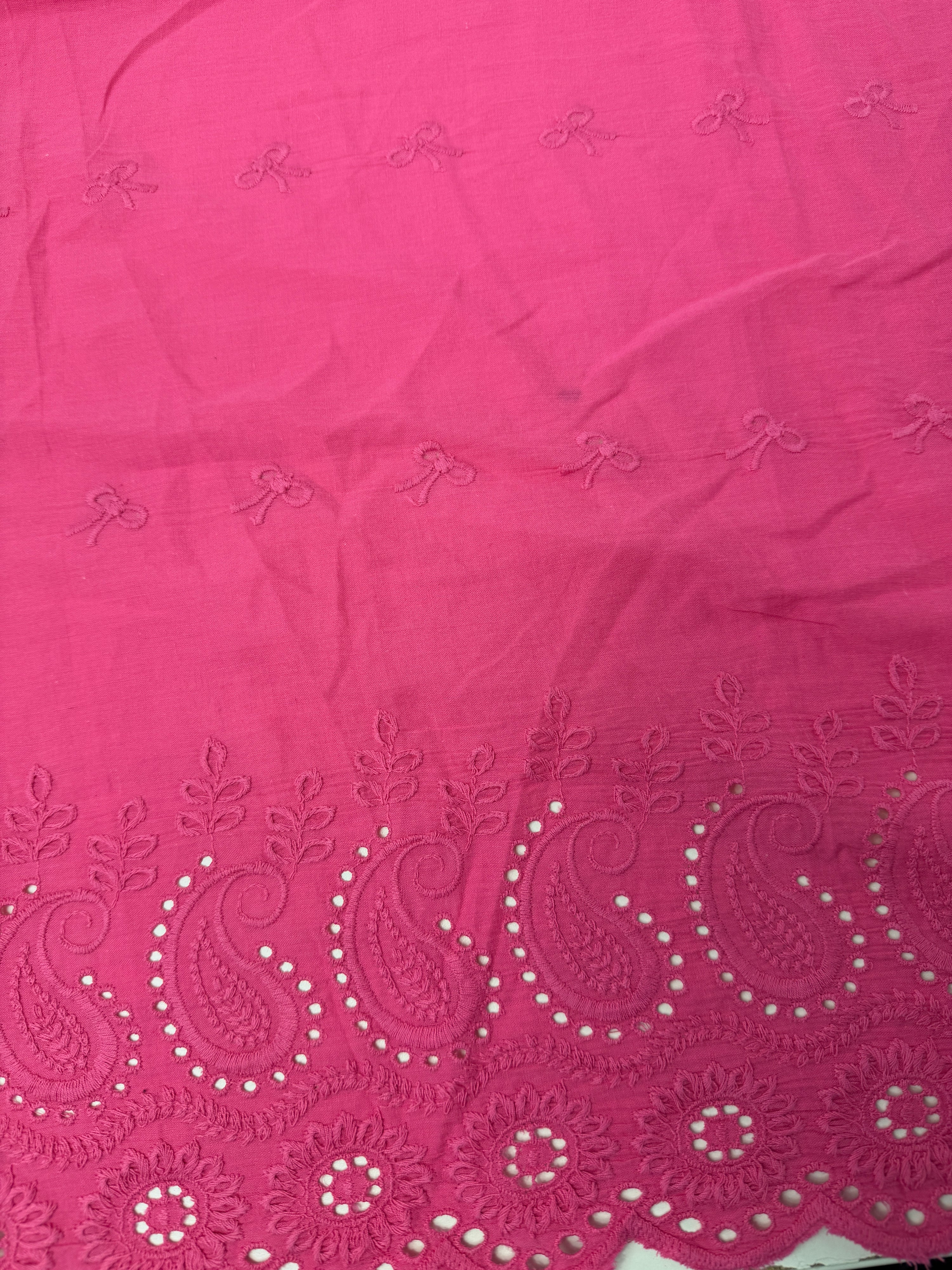 Pink Bows Cambric Cotton Broderie Anglaise