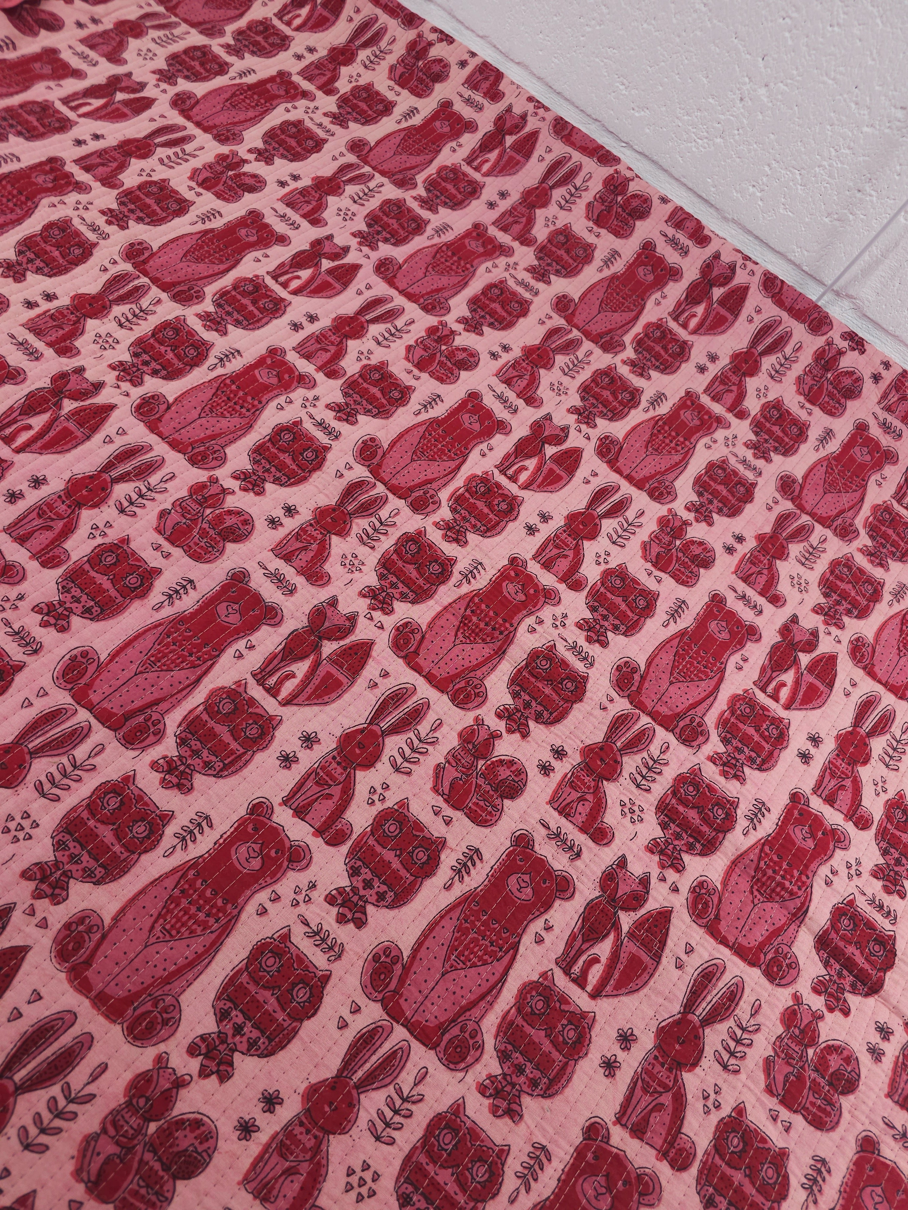 Powder Pink/Deep Red Wildlife Quilted Block Print