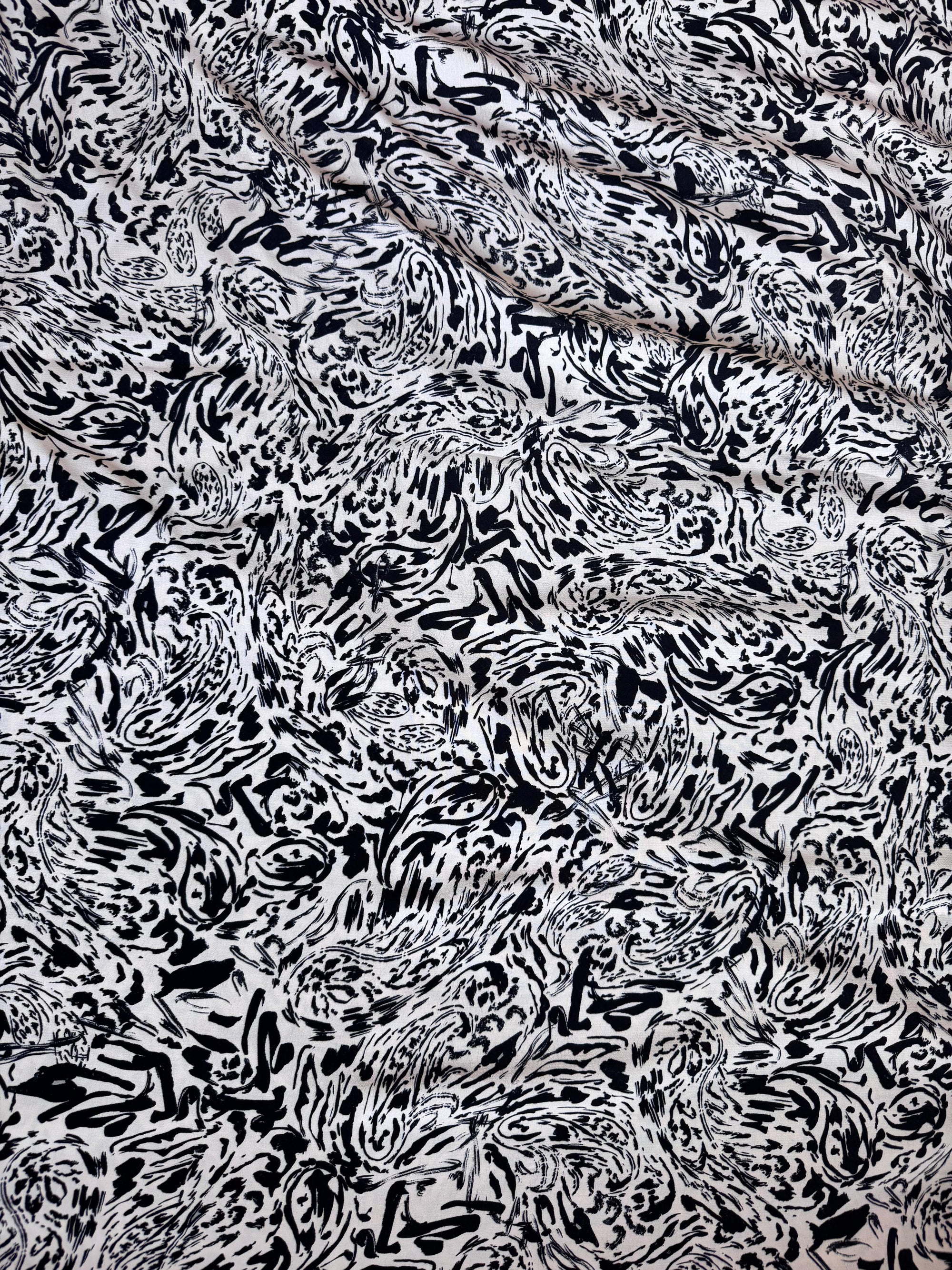 Ivory/Black Abstract Paisley Stroke Viscose Crepe