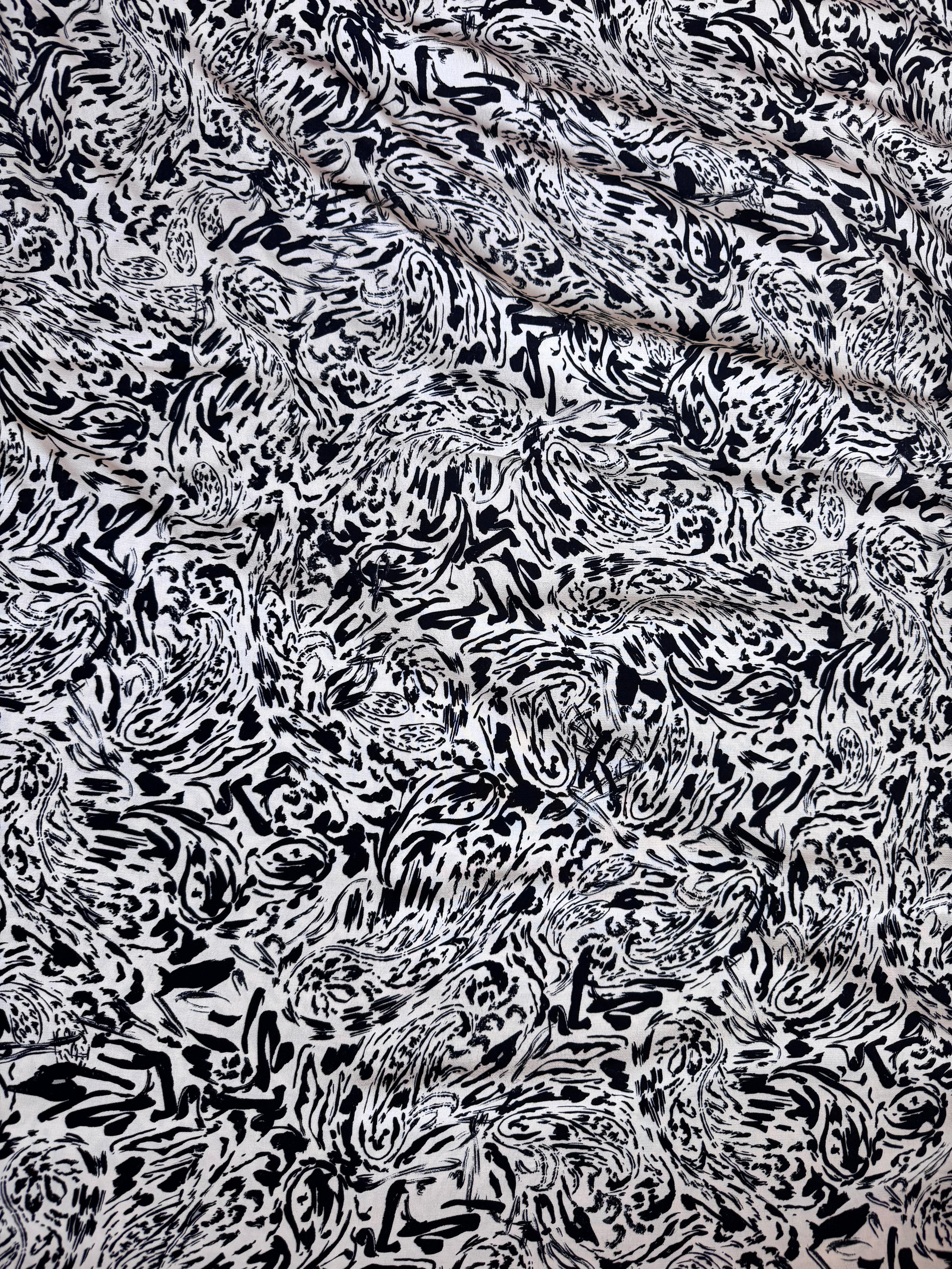 Ivory/Black Abstract Paisley Stroke Viscose Crepe