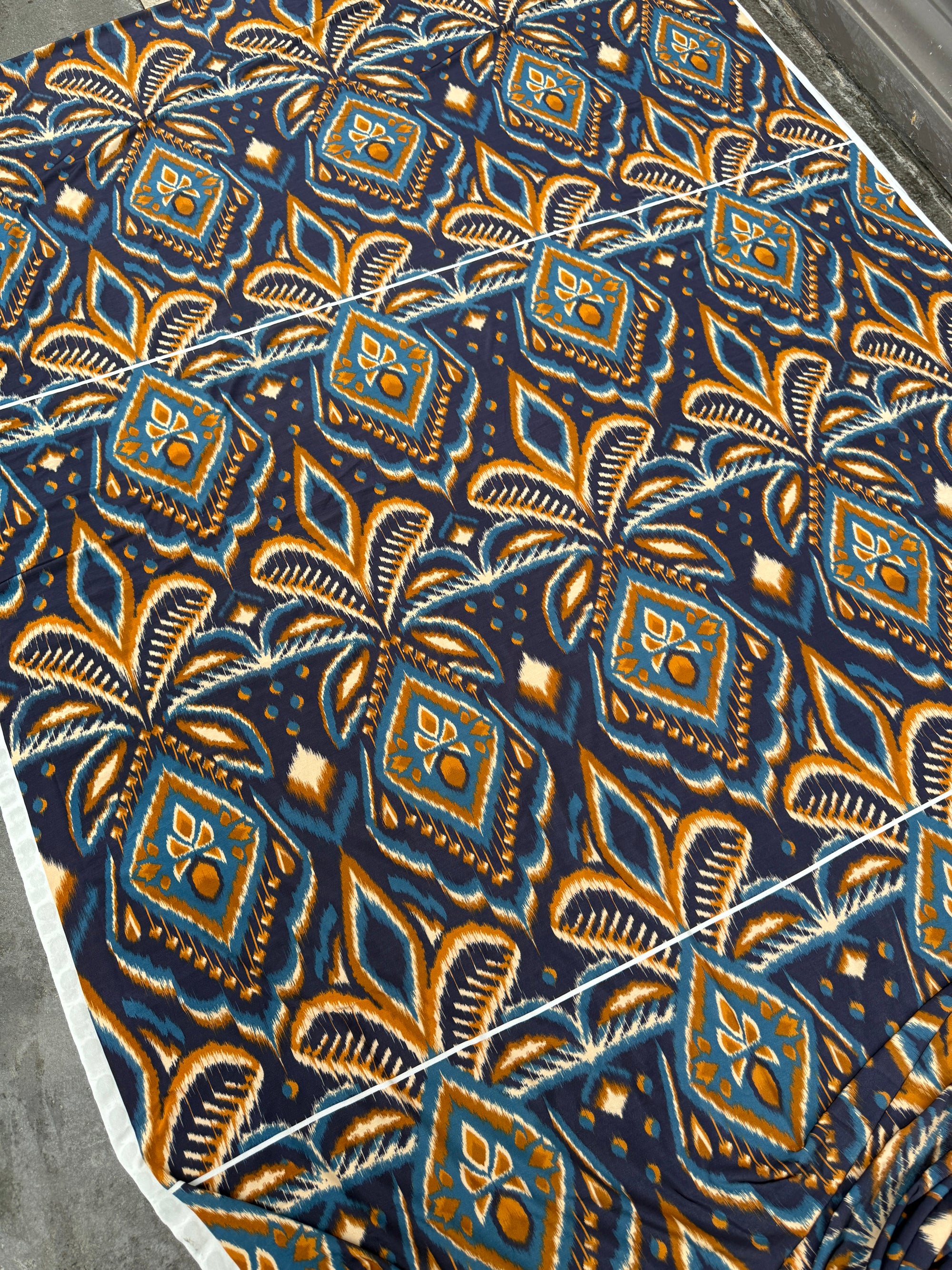 *PRE ORDER* Blue/Marigold Abstract Ikat Lightweight Rayon Jersey