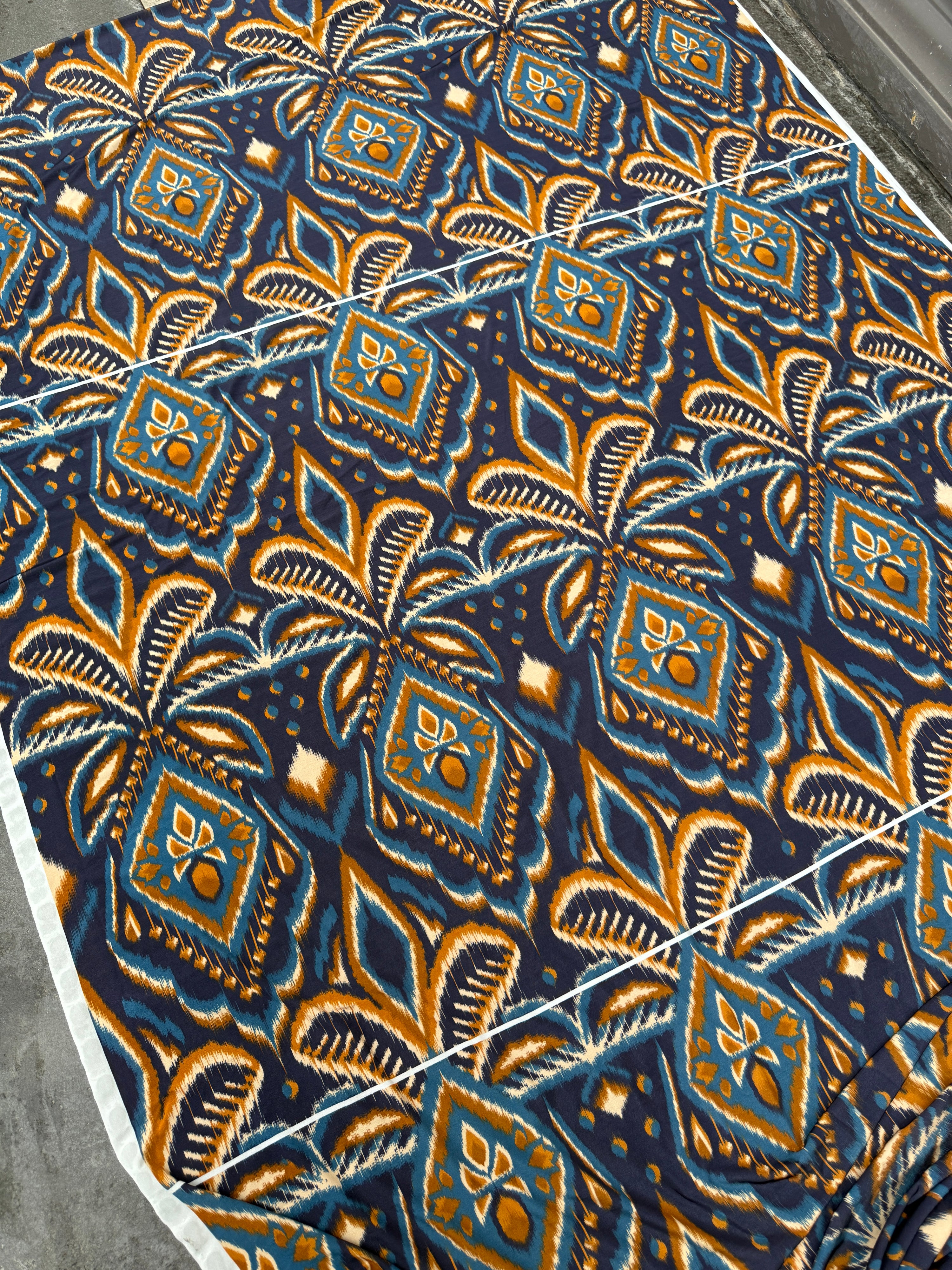 *PRE ORDER* Blue/Marigold Abstract Ikat Lightweight Rayon Jersey