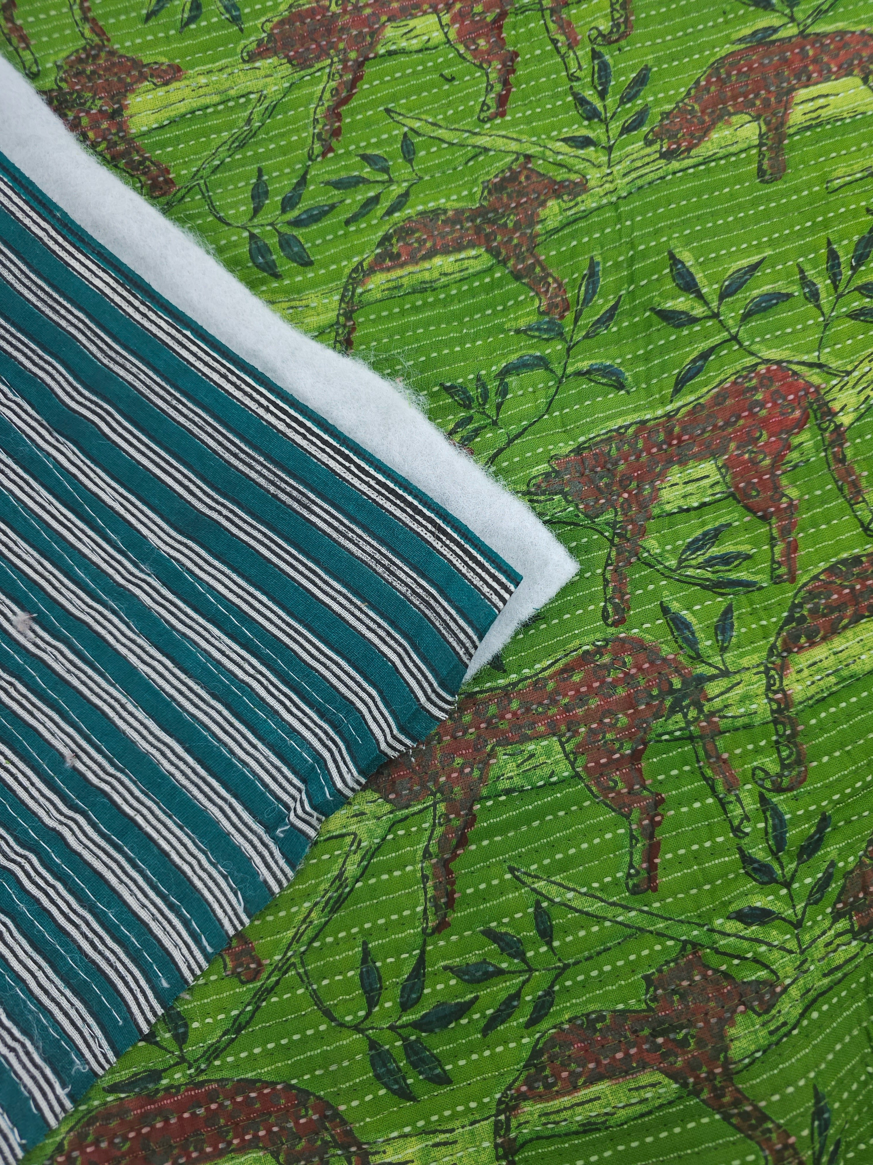 Green/Deep Red Lurking Leopard Quilted Block Print