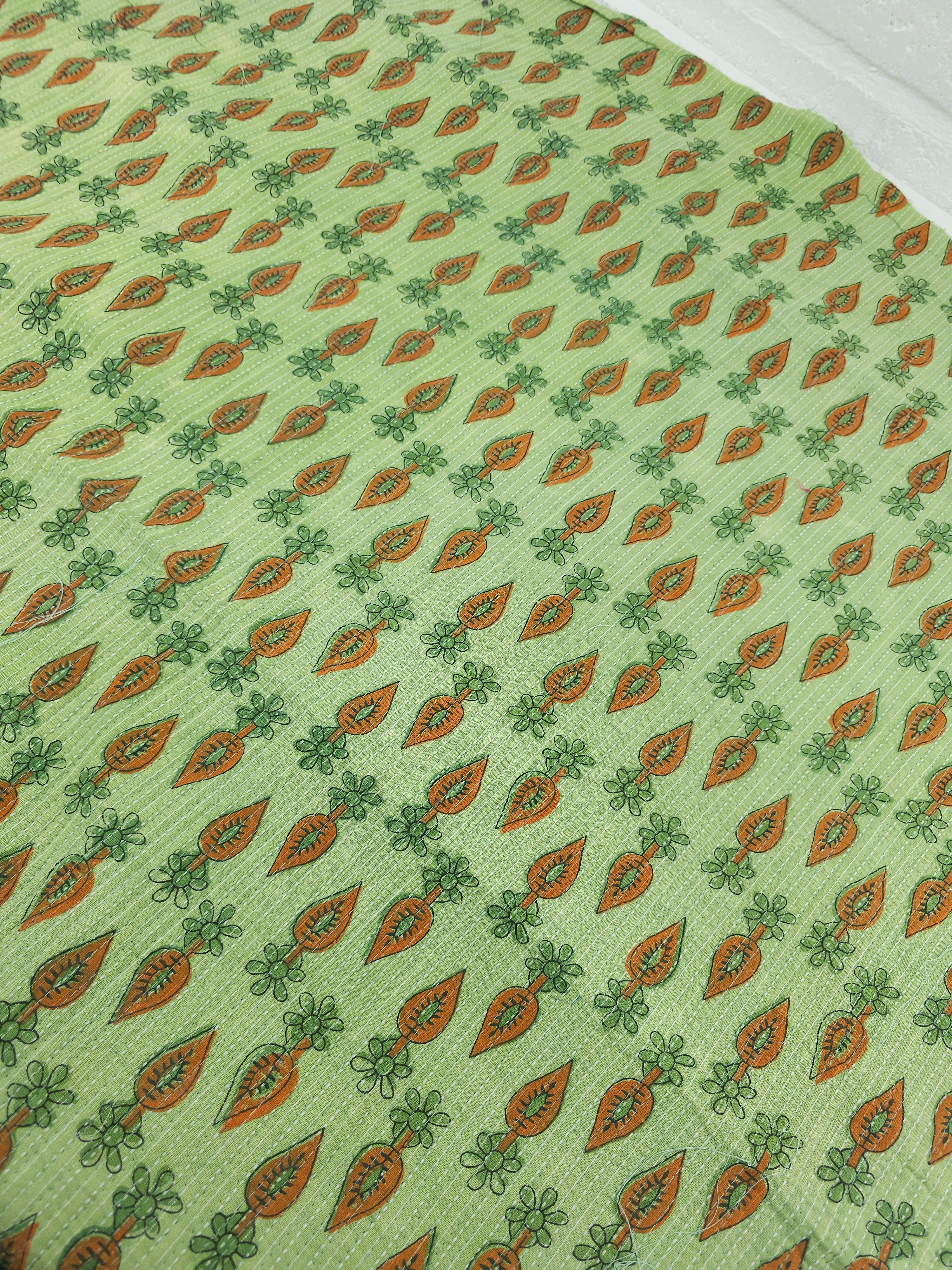 Light Green/Orange Daisy Leaf Quilted Block Print
