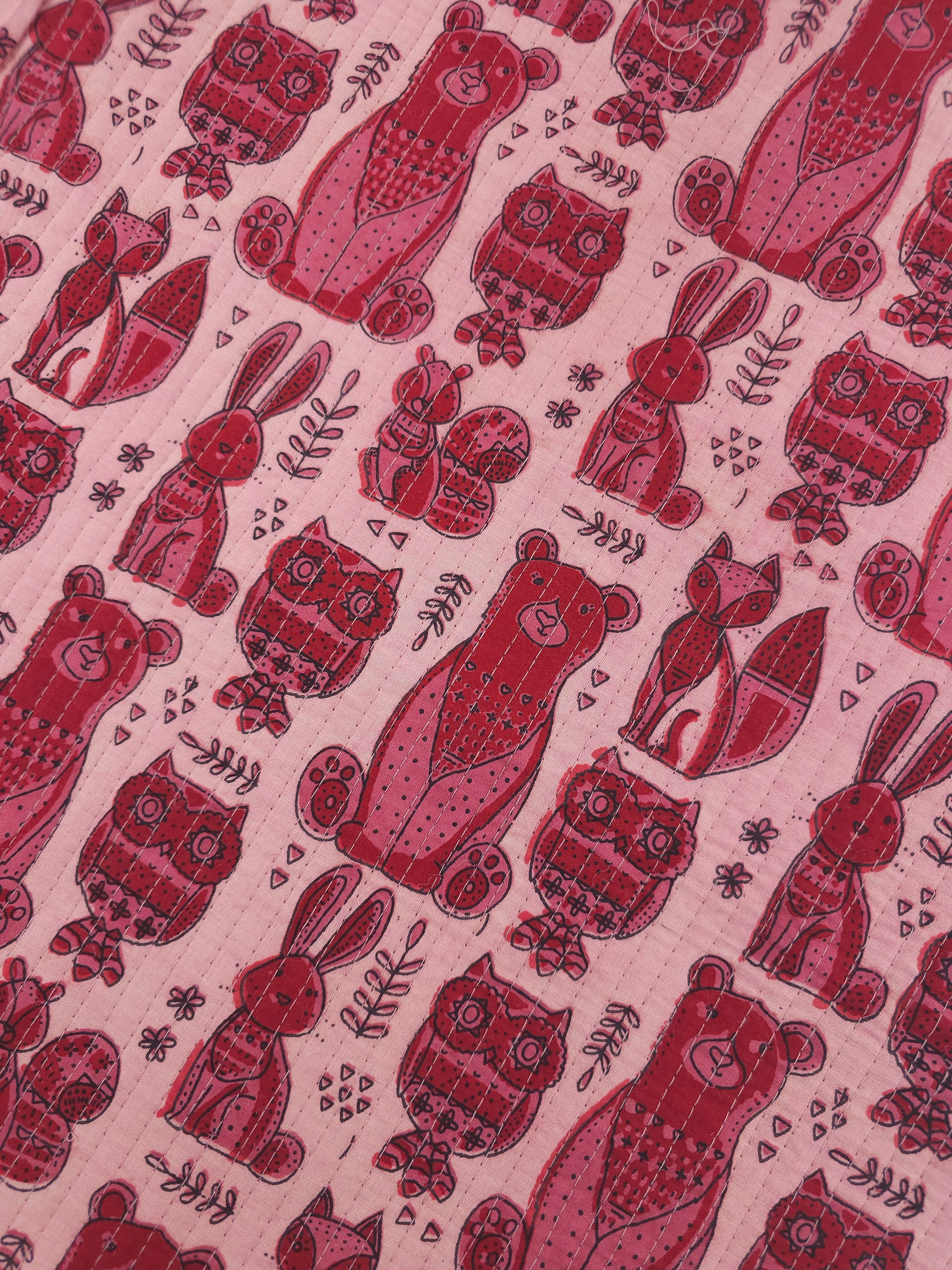 Powder Pink/Deep Red Wildlife Quilted Block Print