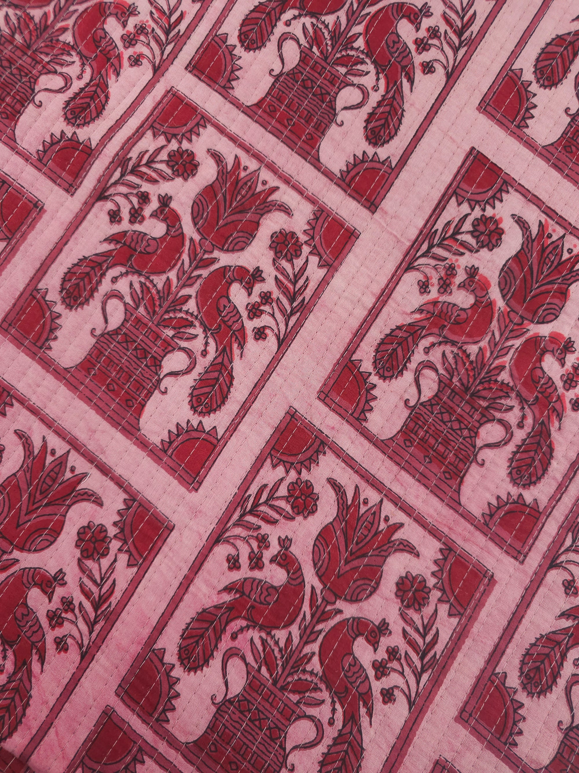 Powder Pink/Deep Red Tulip Frames Quilted Block Print