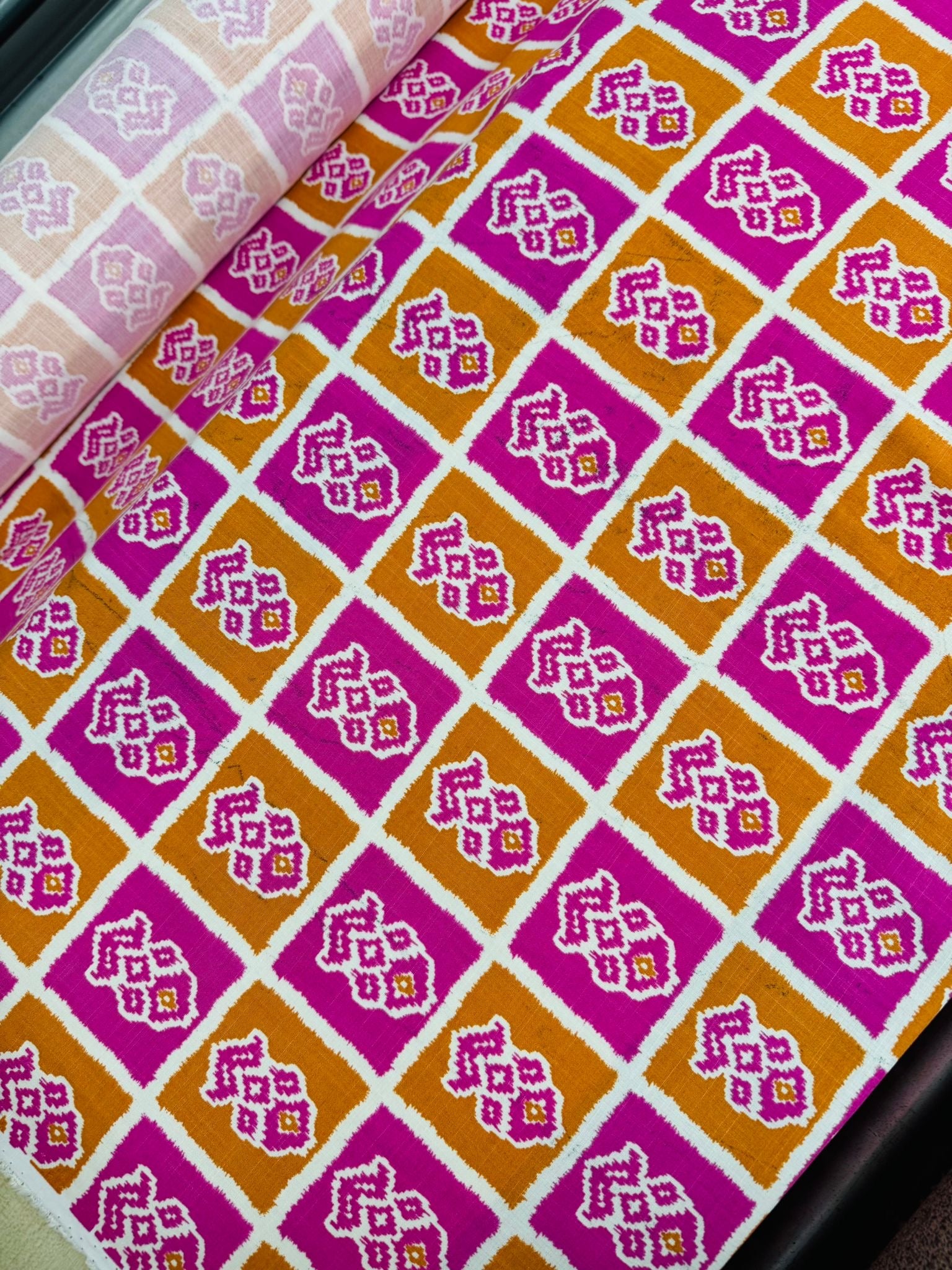 Pink/Orange Abstract Ikat Viscose Challis *DEFECT*