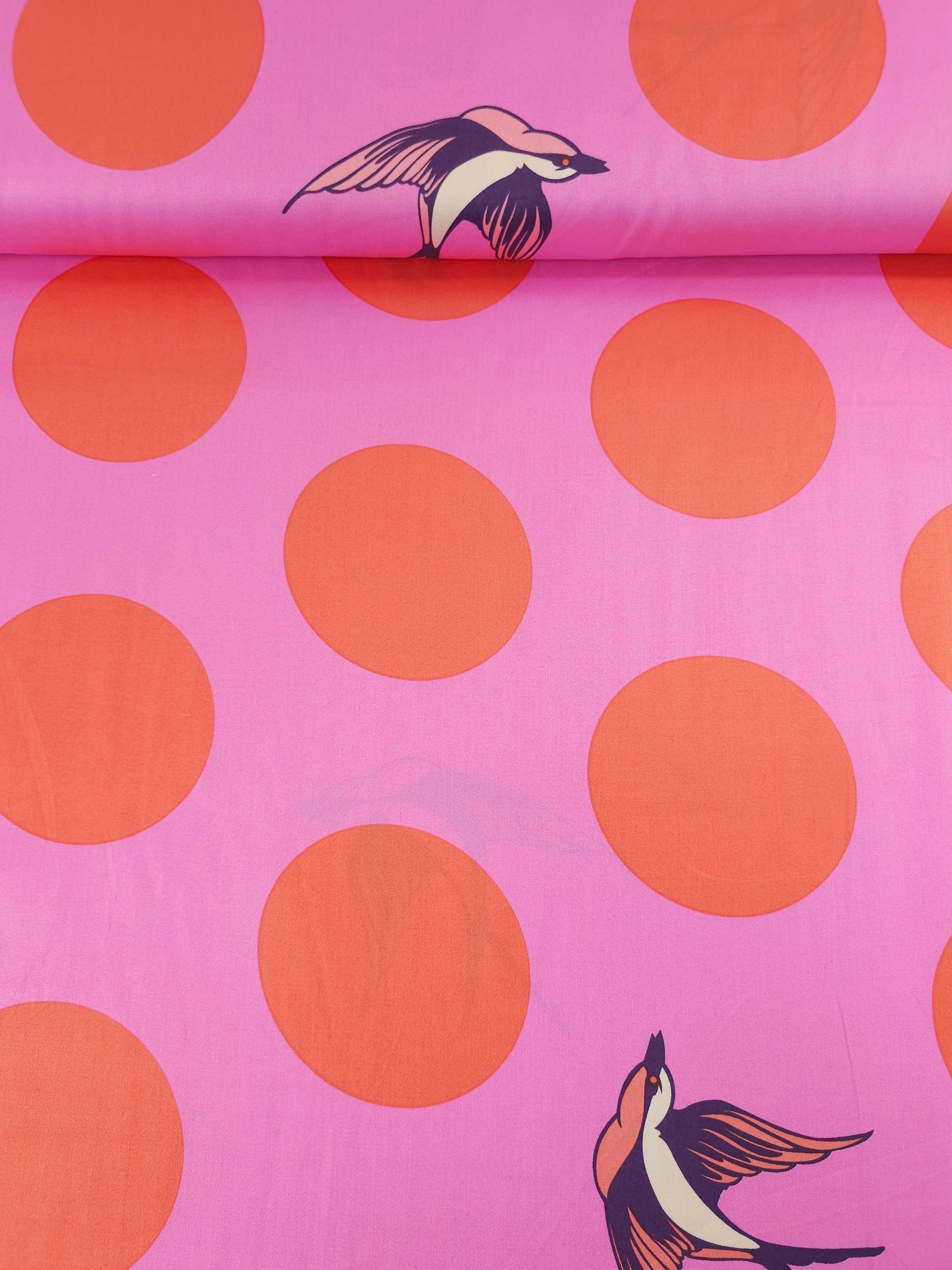 Orangey Red/Pink Free Fall Bird Polka Cotton Sateen 103” - Tula Pink (Various Sizes)