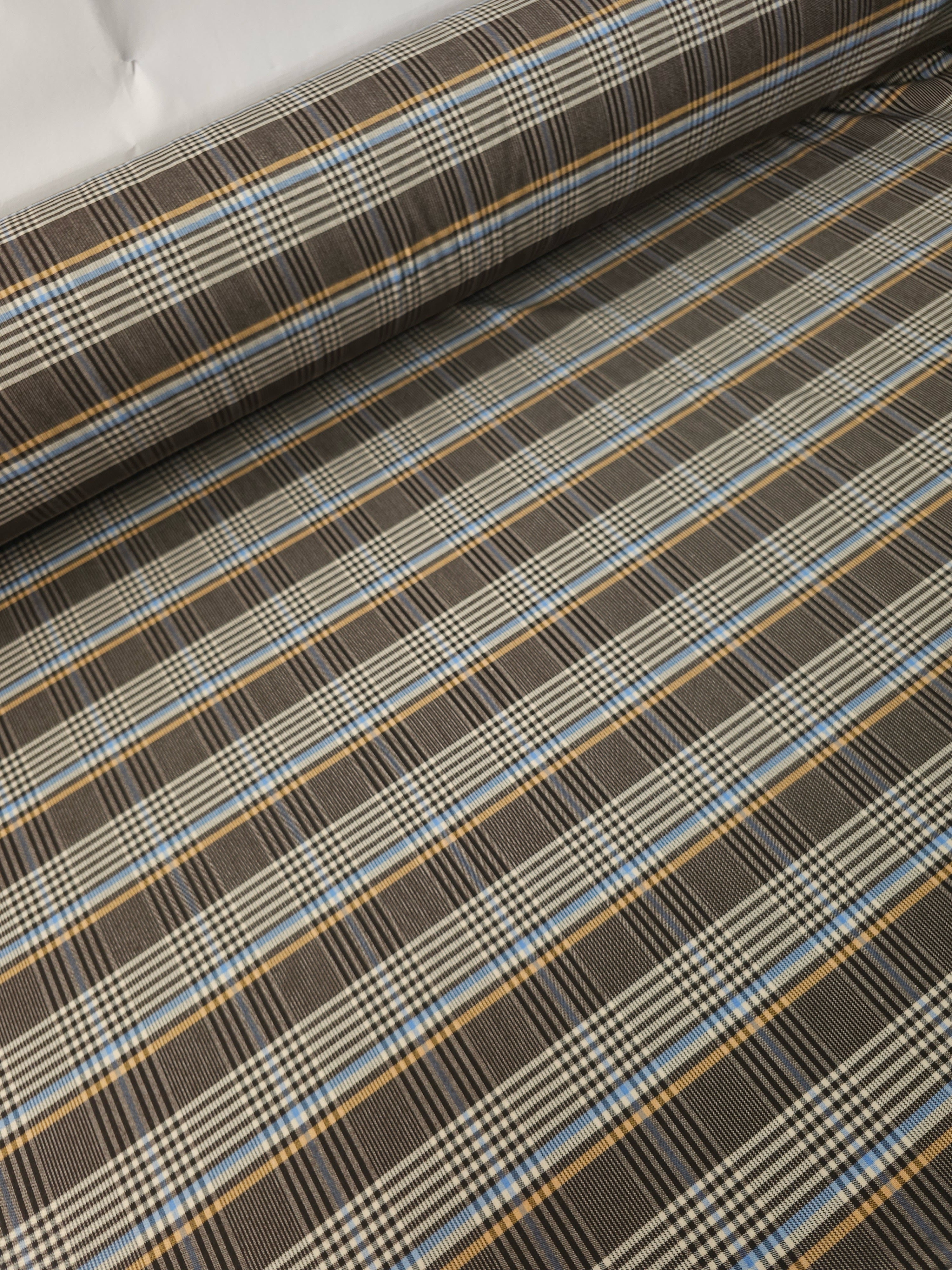 Brown/Yellow/Blue Tartan Check Poly Cotton