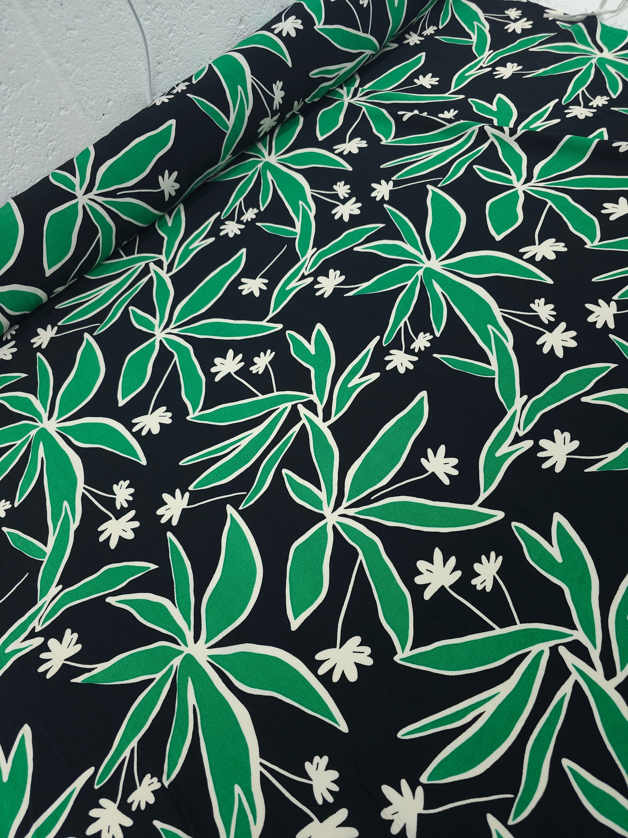 Green/Black Palm Floral Viscose Crepe - 1m Piece