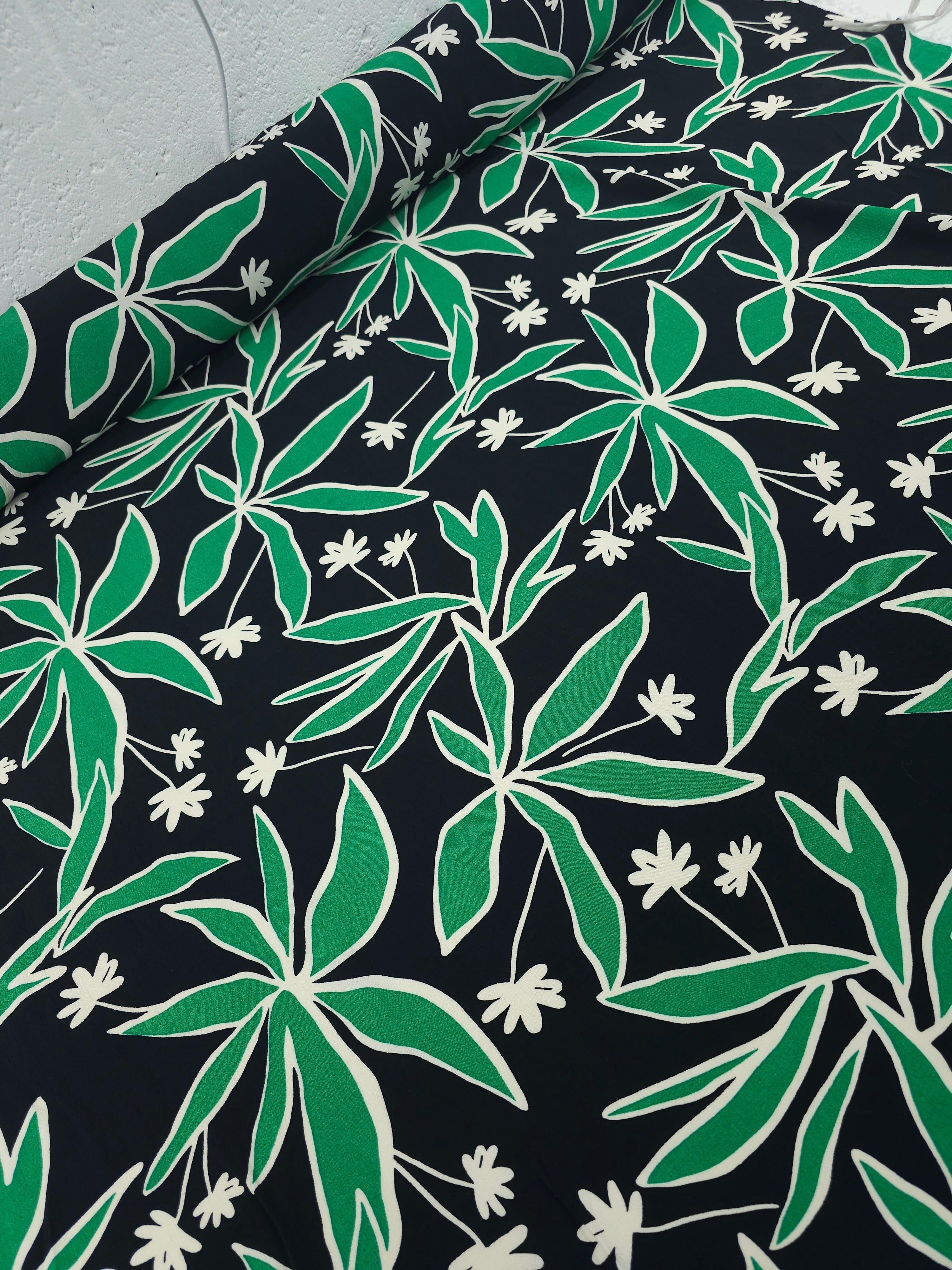 Green/Black Palm Floral Viscose Crepe - 1m Piece