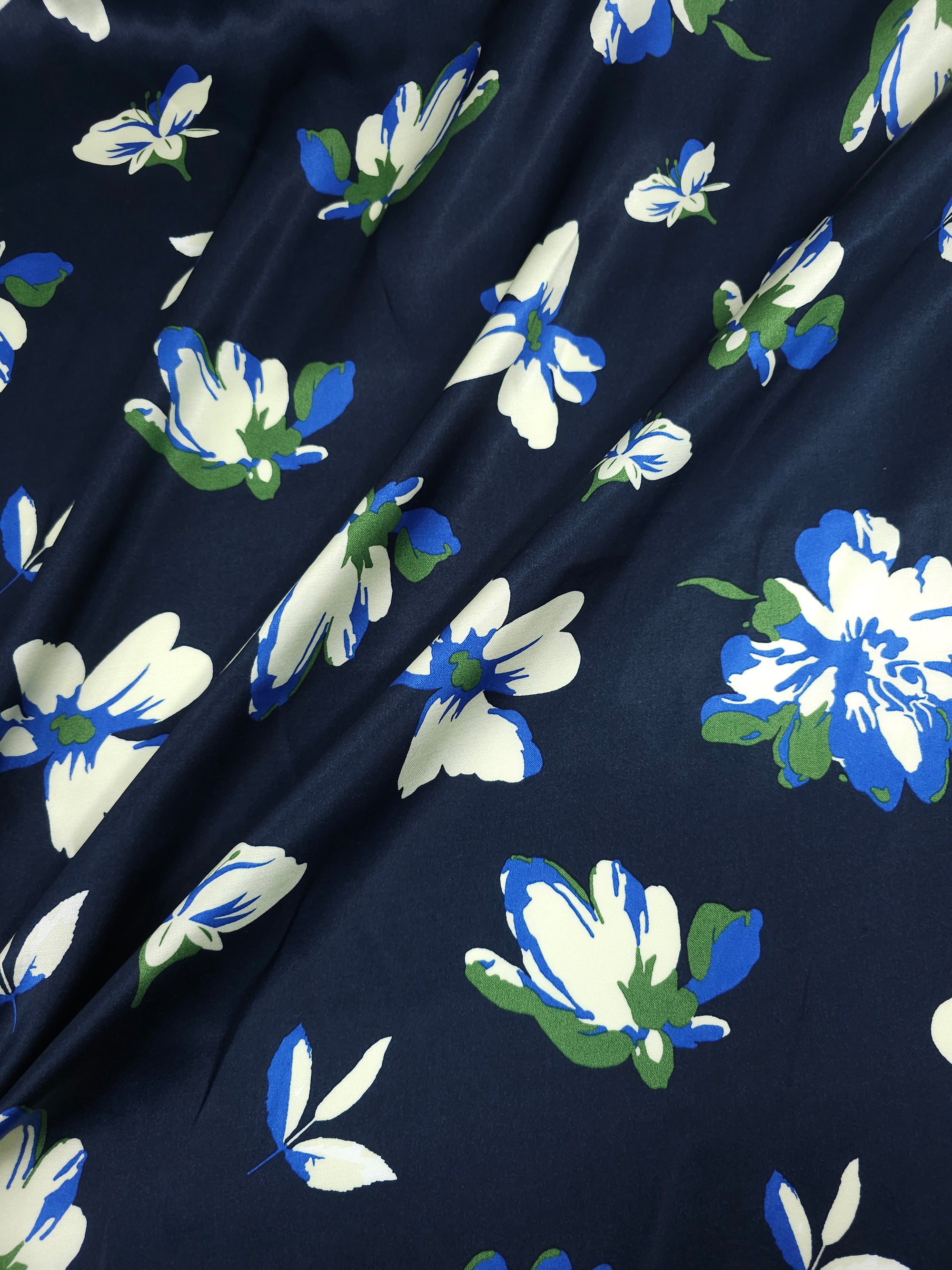 Navy Watercolour Flower Viscose Satin